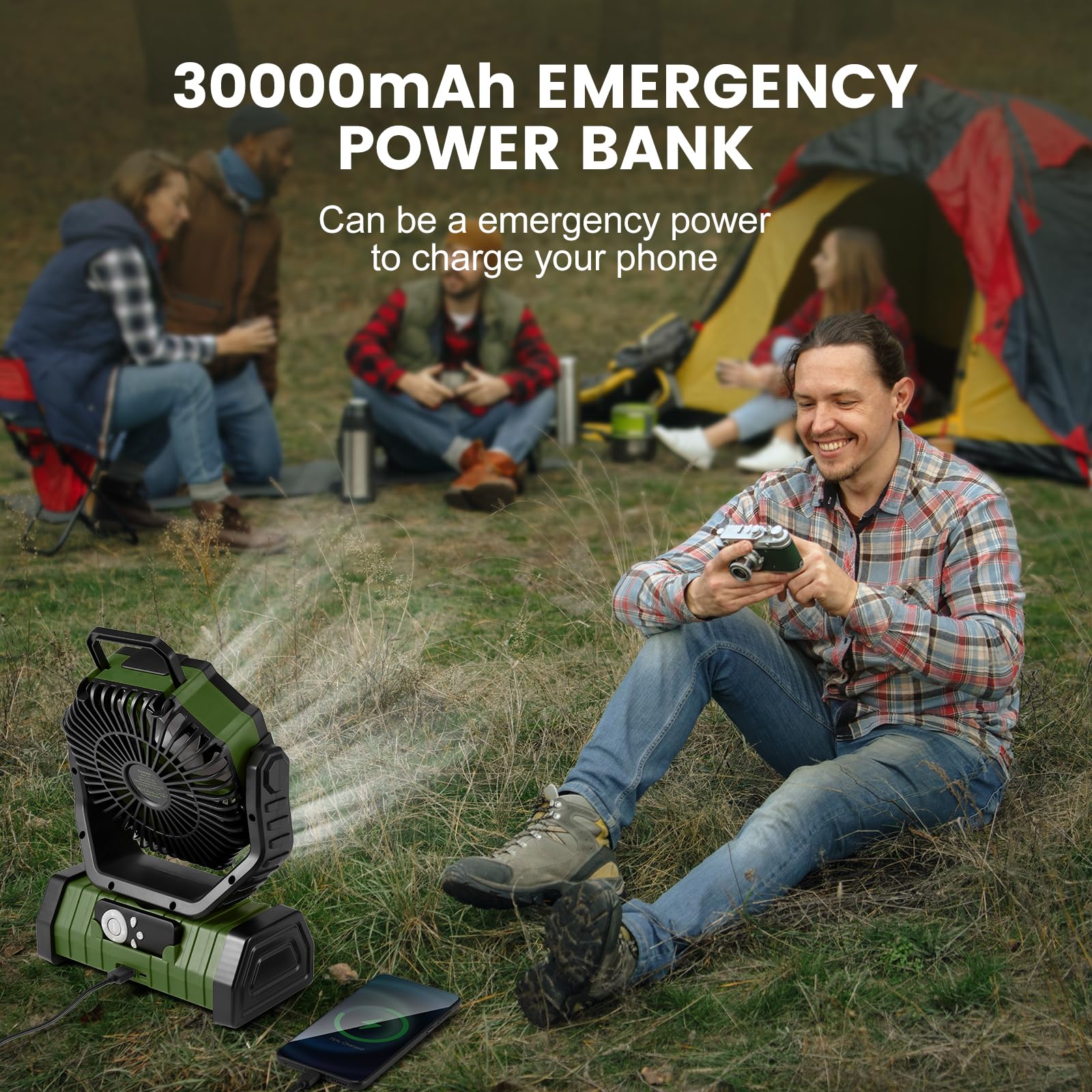 Odoland 30000mAh Camping Fan with LED Lantern, Oscillating, Remote, 11.2x8.7x4.3 inches, Green, Model OD0671G-