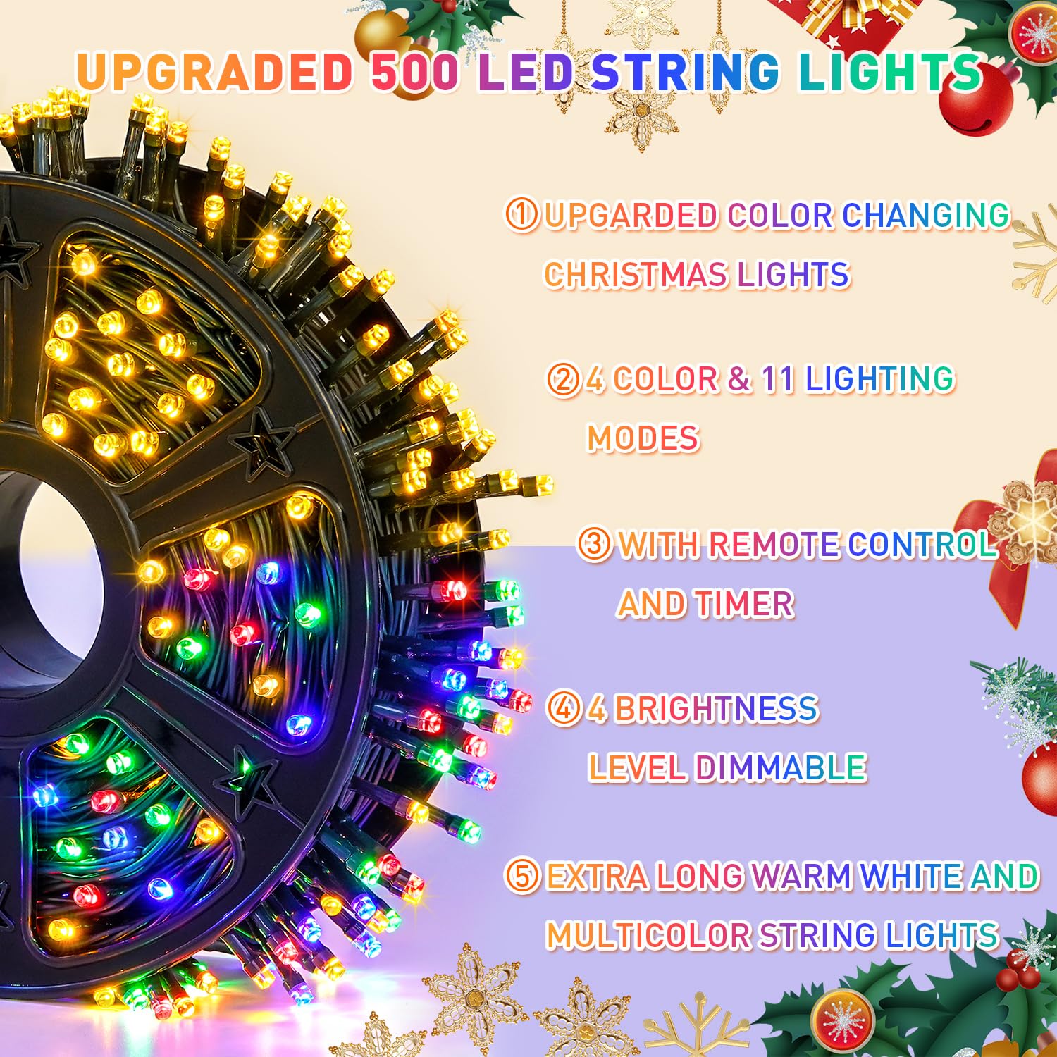 JMEXSUSS 500 LED Color Changing Christmas Lights, 173ft, 11 Modes, Warm White & Multicolor, Waterproof, Model EXS-S-0500-R