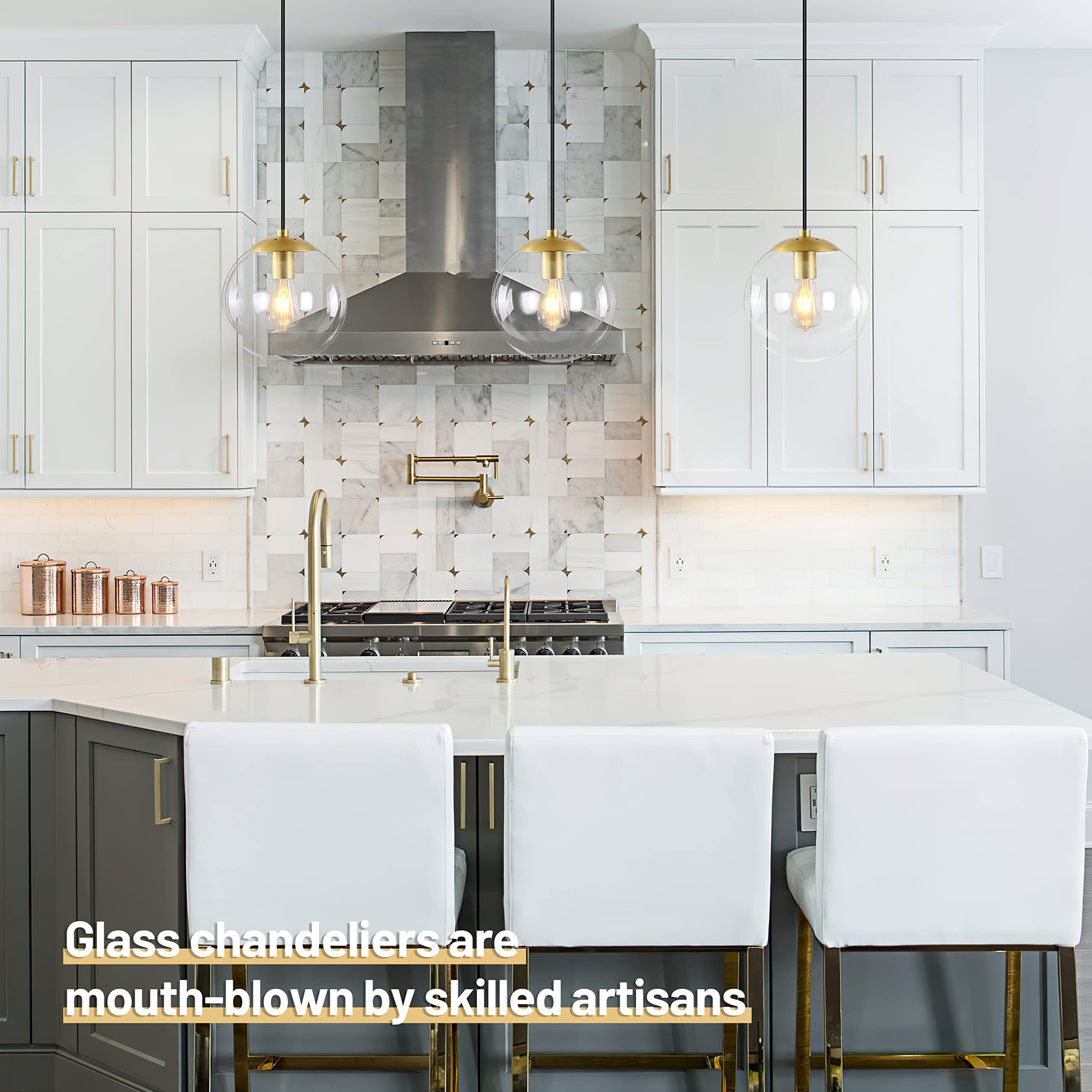 Koko&Yukina Globe Pendant Lighting For Kitchen Island Mid Century Modern Hanging Light Fixture With Clear Globe Glass Gold Brass