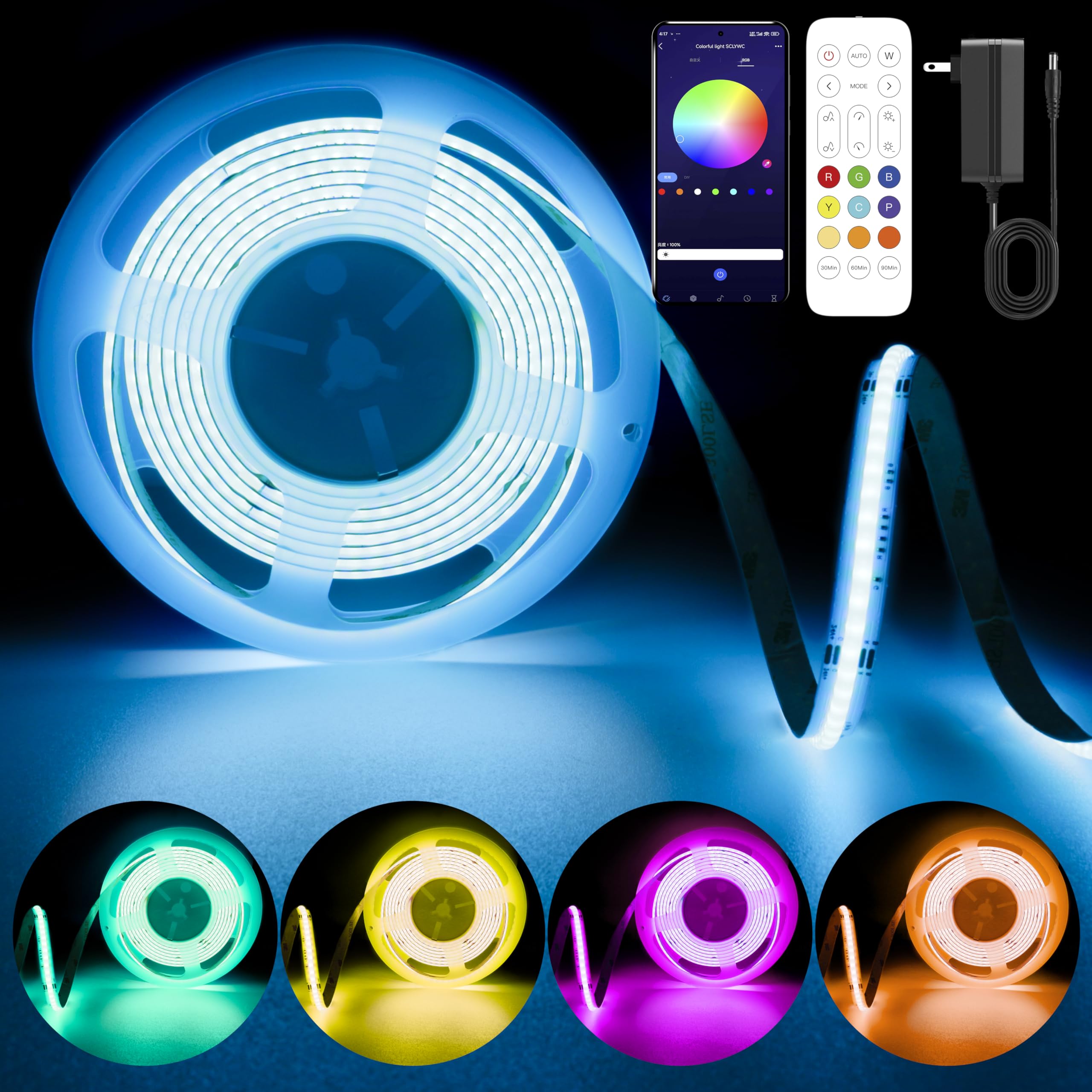 Pandery cob RGB led Strip,DC12V 576leds/m Music Synchronized Color Change APP and Bluetooth Remote Control,9.84FT/3M,Indoor RGB 