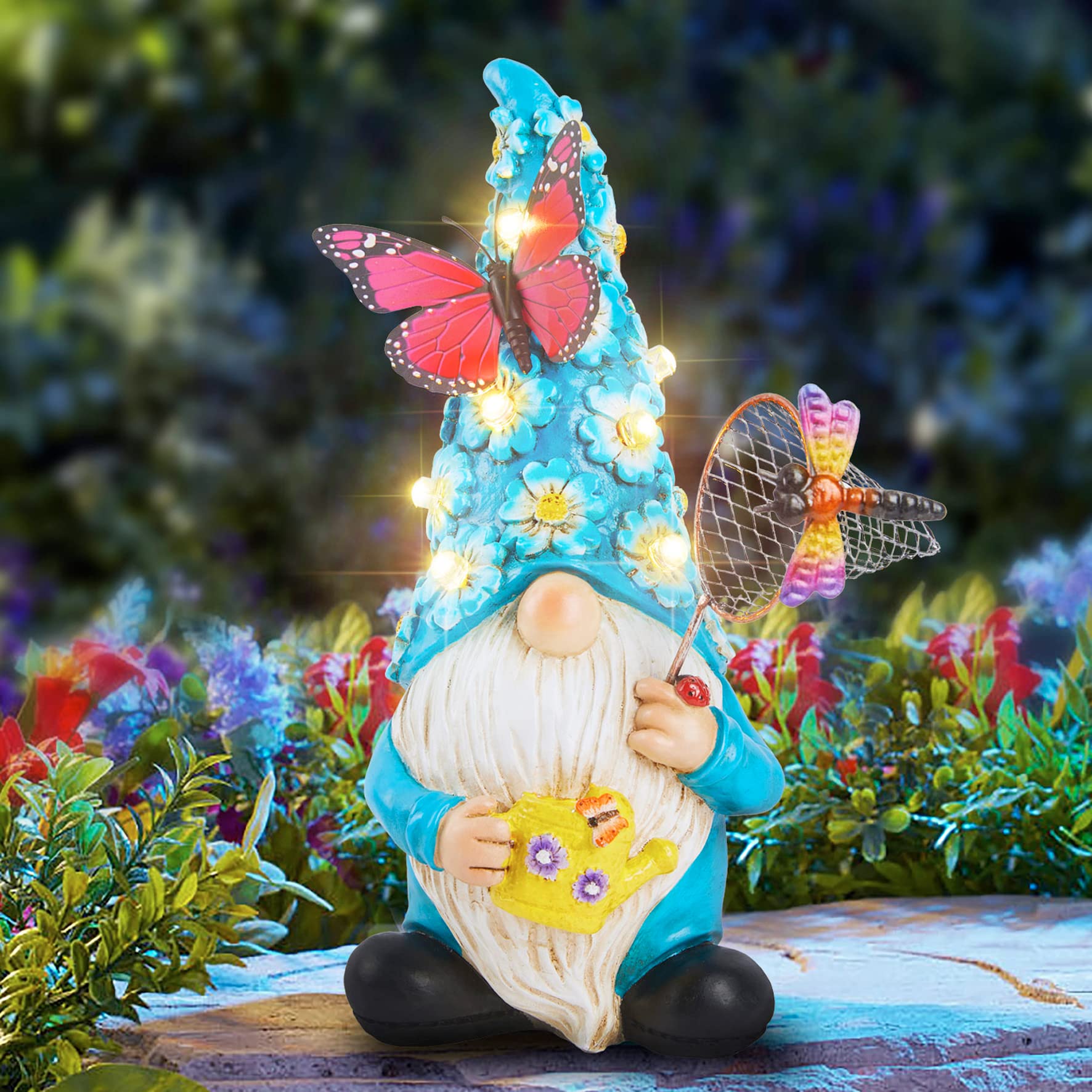 Foreby Garden Gnome Statues Outdoor Decor Solar Gnomes With Butterfly On Led Lighted Flowers, Resin Blue Gnomes Sculpture For Pa