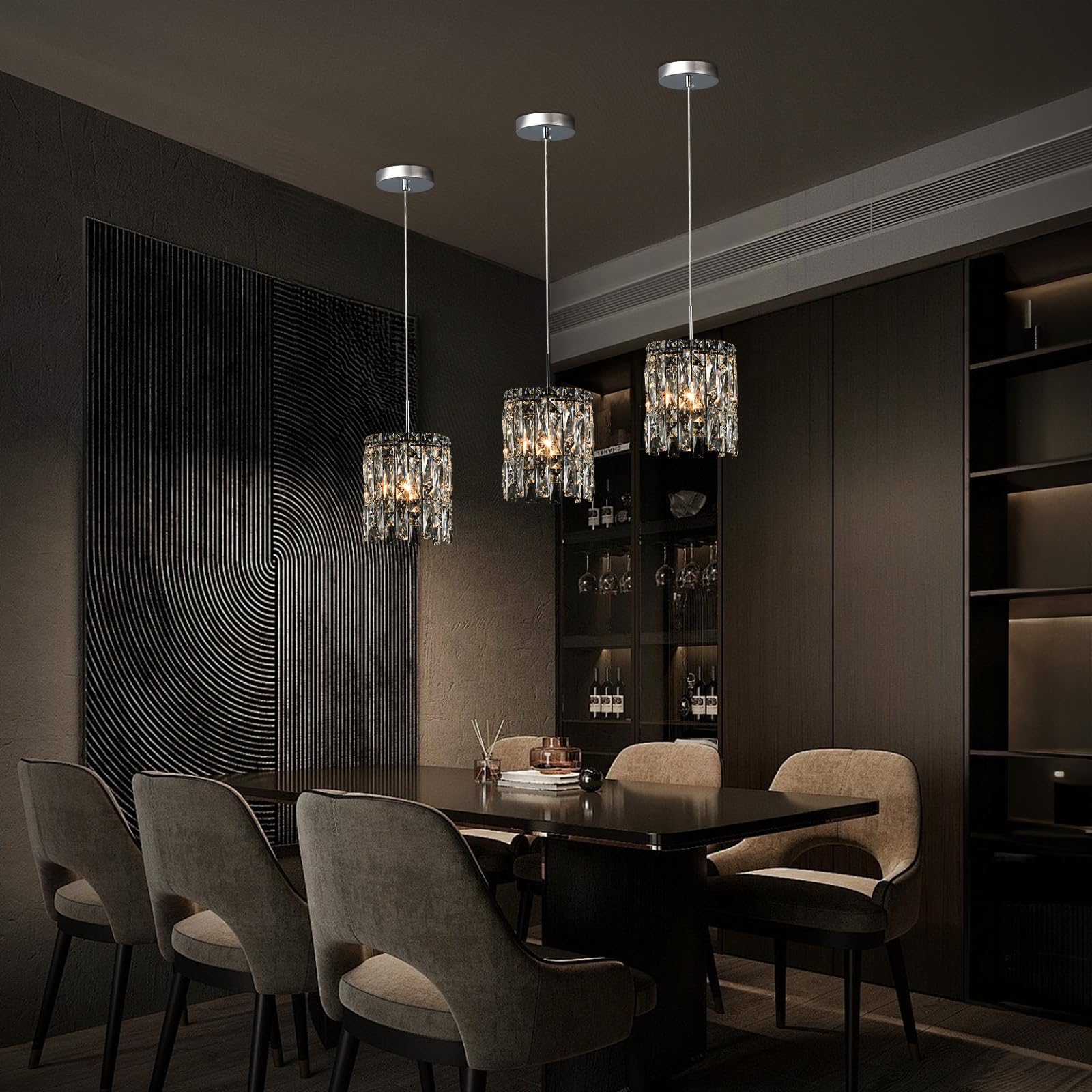 Nisidun Modern K9 Crystal Pendant Lights Kitchen Island Set Of 3 Chrome Chandeliers For Dining Room Light Fixtures Over Table Hanging Lighting For Kitchen Island Entryway Bathroom Bedhead Bedroom