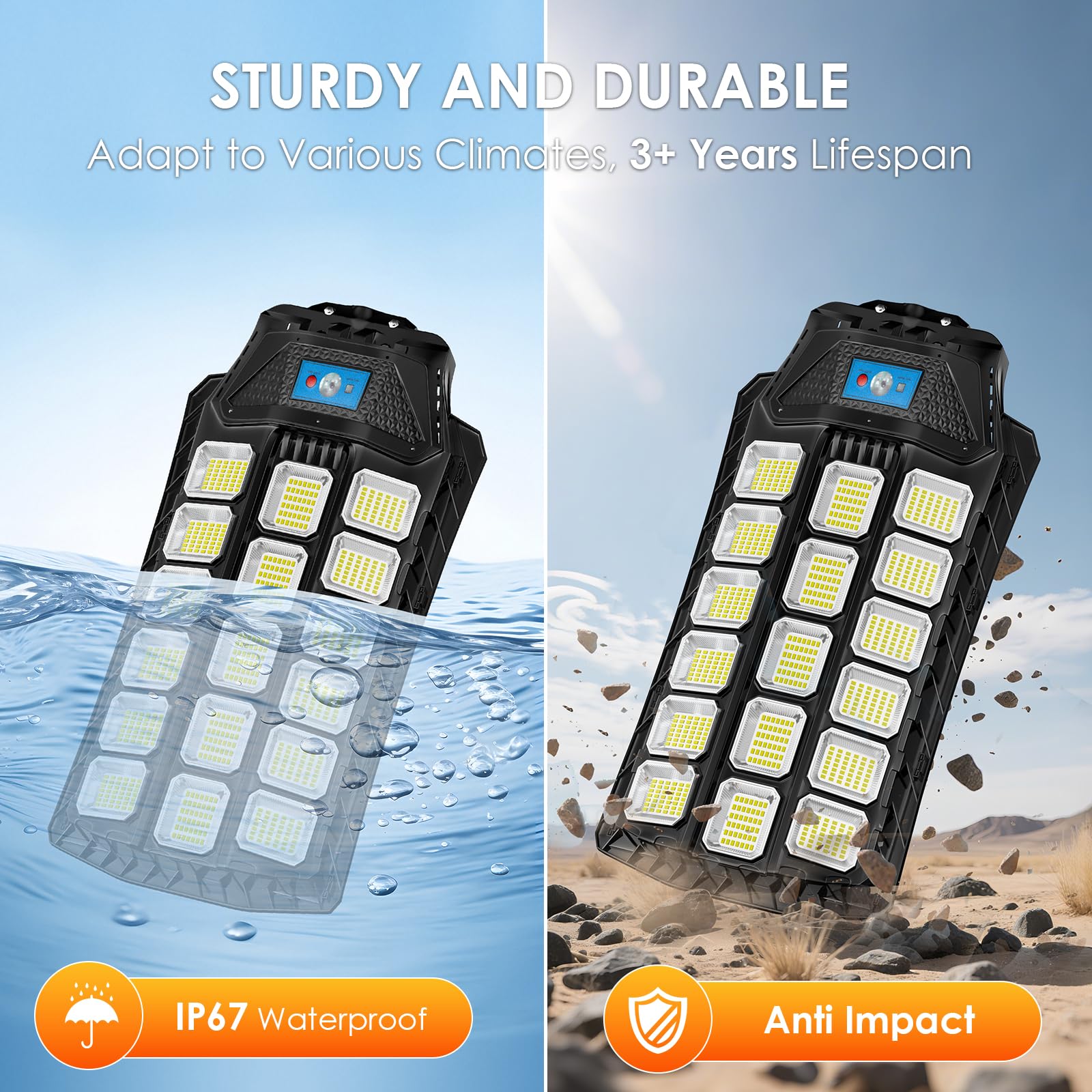 ZIZIWIN Solar Street Light 14000W LED Waterproof Motion Sensor Black, Model ZZSSL-LED, Remote Control, Wall or Pole Mounted