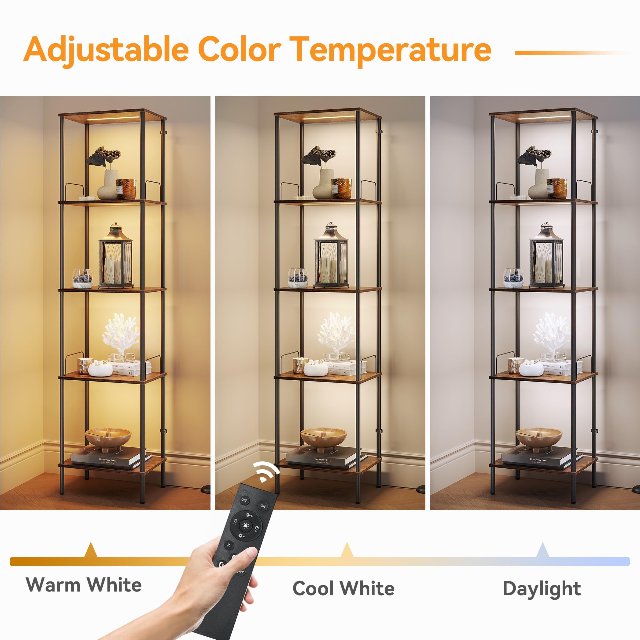 SUNMORY Display Shelf with Dimmable Lights, Adjustable Brightness, Rustic Brown, Wood, Model F00083014A