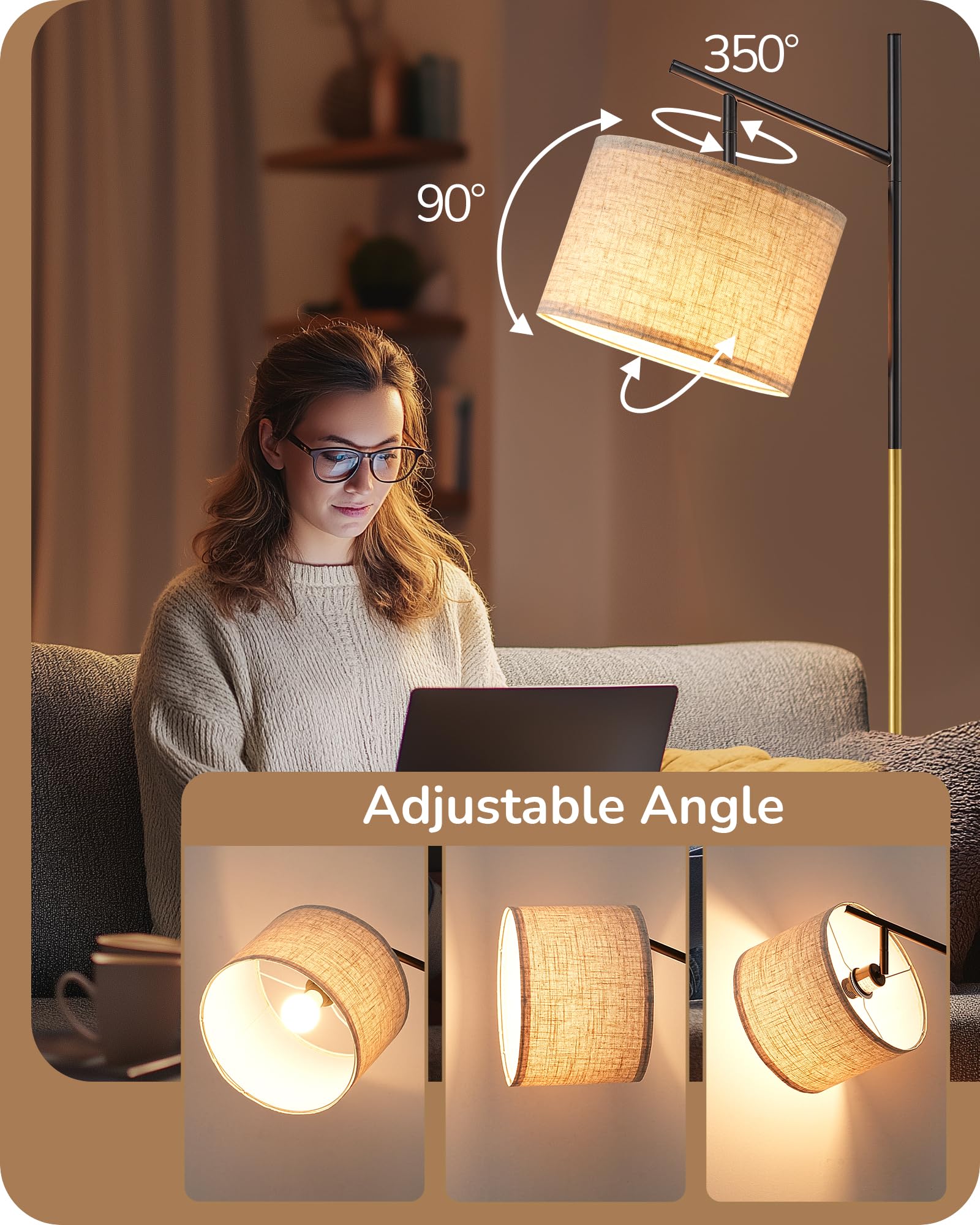 EDISHINE Modern Floor Lamp - 64.7" Minimalist Black-Gold Iron Arc Lamp with Adjustable Shade & 3 Color Temperatures, Foot Pedal Switch