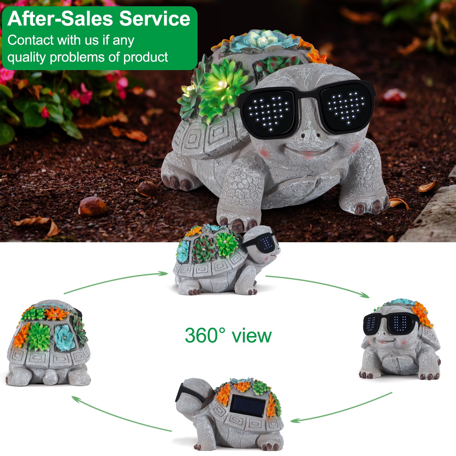 Pawatee Solar Garden Turtle Statue with Succulent & LED Lights, Gray, 7.48x4.92x4.72in - Unique Outdoor Decor for Patio & Lawn