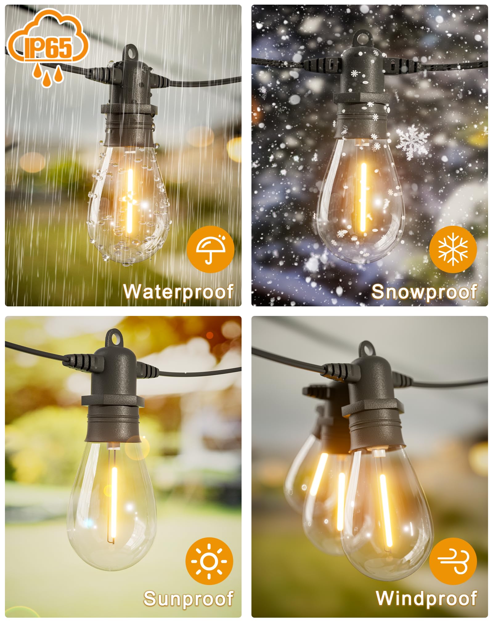 Jerritte LED Outdoor String Lights, 150FT, Warm White, 45 Shatterproof Bulbs, IP65 Waterproof, Model JR-S14-60, Dimmable Commercial Grade