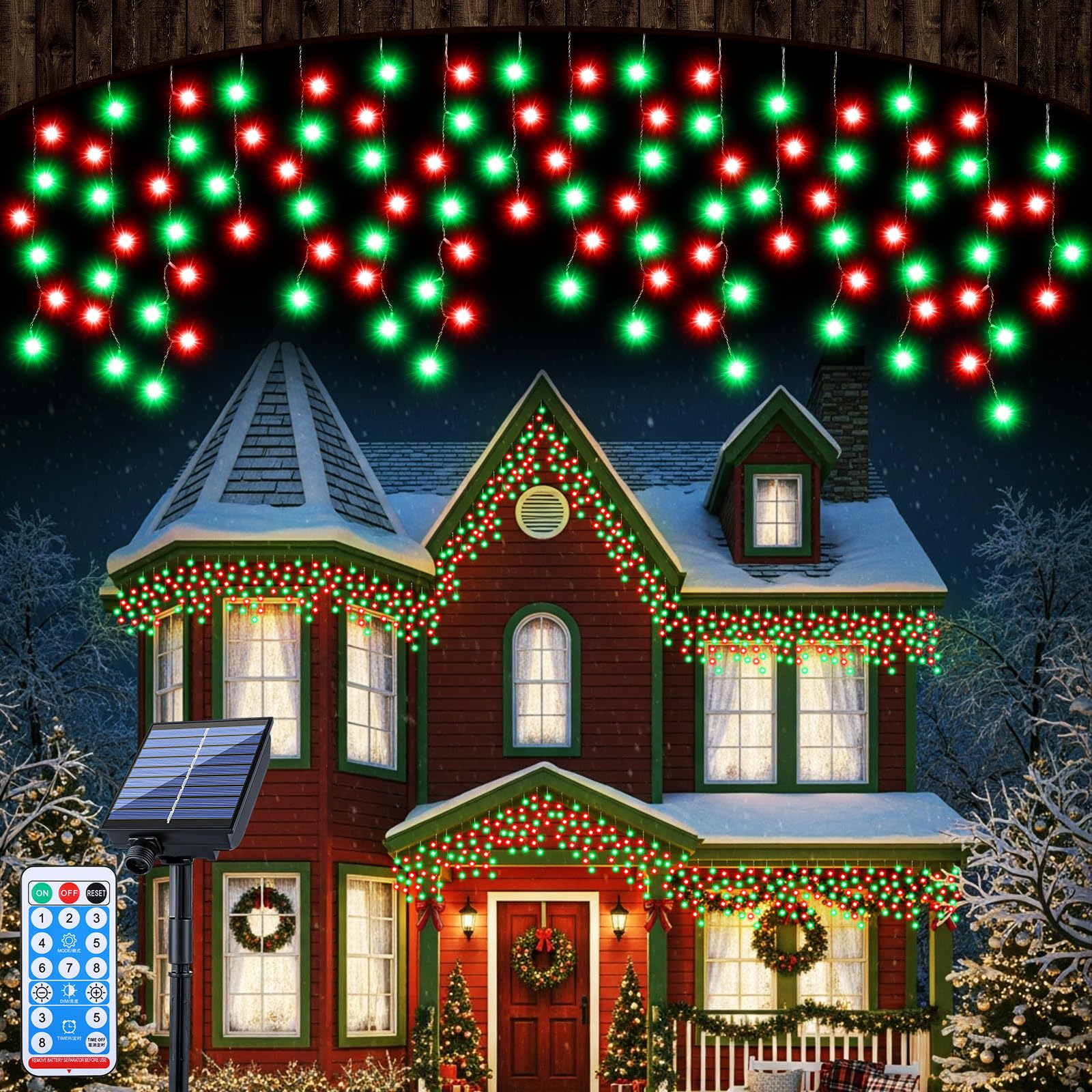 Retisee 65ft Red Green Solar Icicle Christmas Light for Outdoor Decorations 600 LED Waterproof Xmas Curtain String Light Solar P