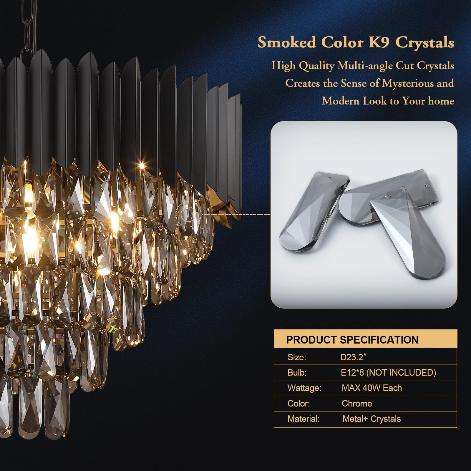 A AXILIXI Black Crystal Chandelier, Contemporary 24in  Flush Mount Pendant Light, 12 Lights, Model DH88511B-600B