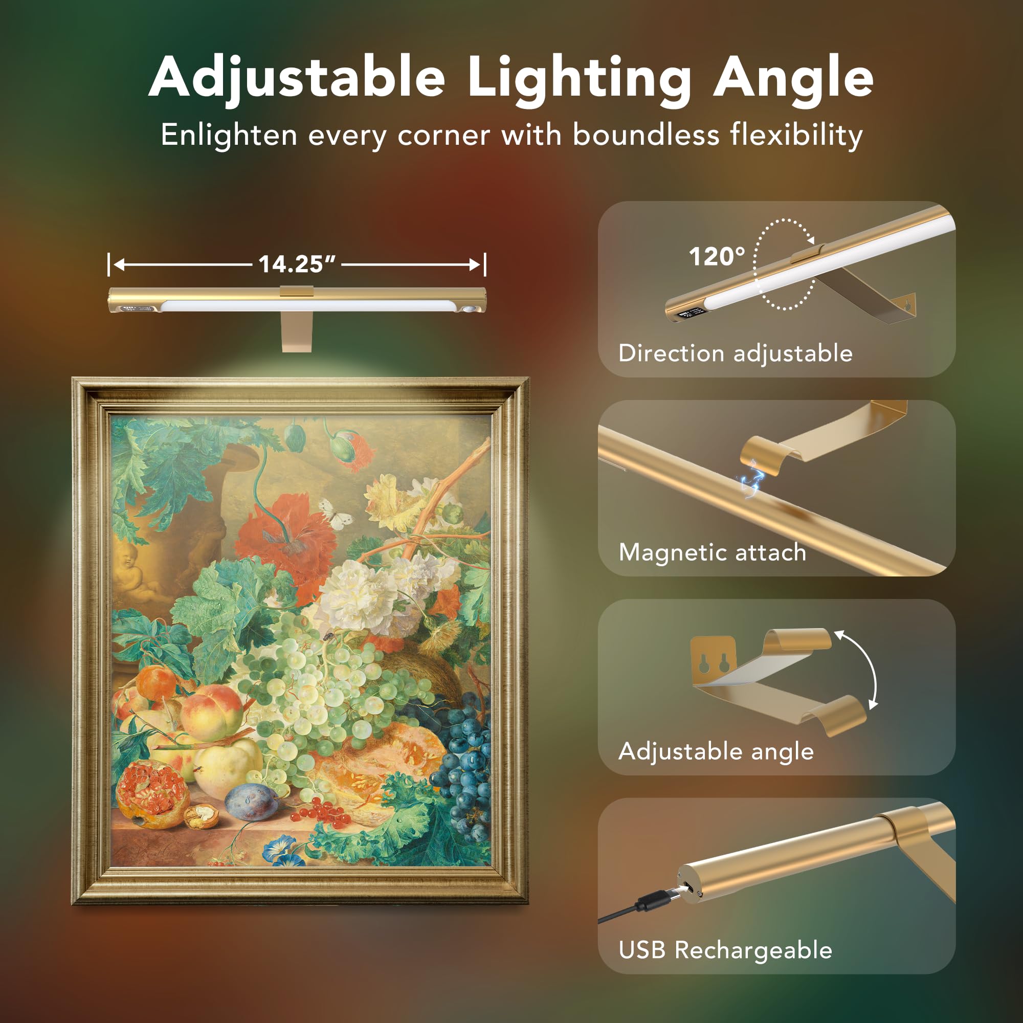 Wireless Picture Lights for Wall 2 Pack, Remote Control, 3 Color Dimming and Timer, 14in Rechargeable Art Display Light with Dig