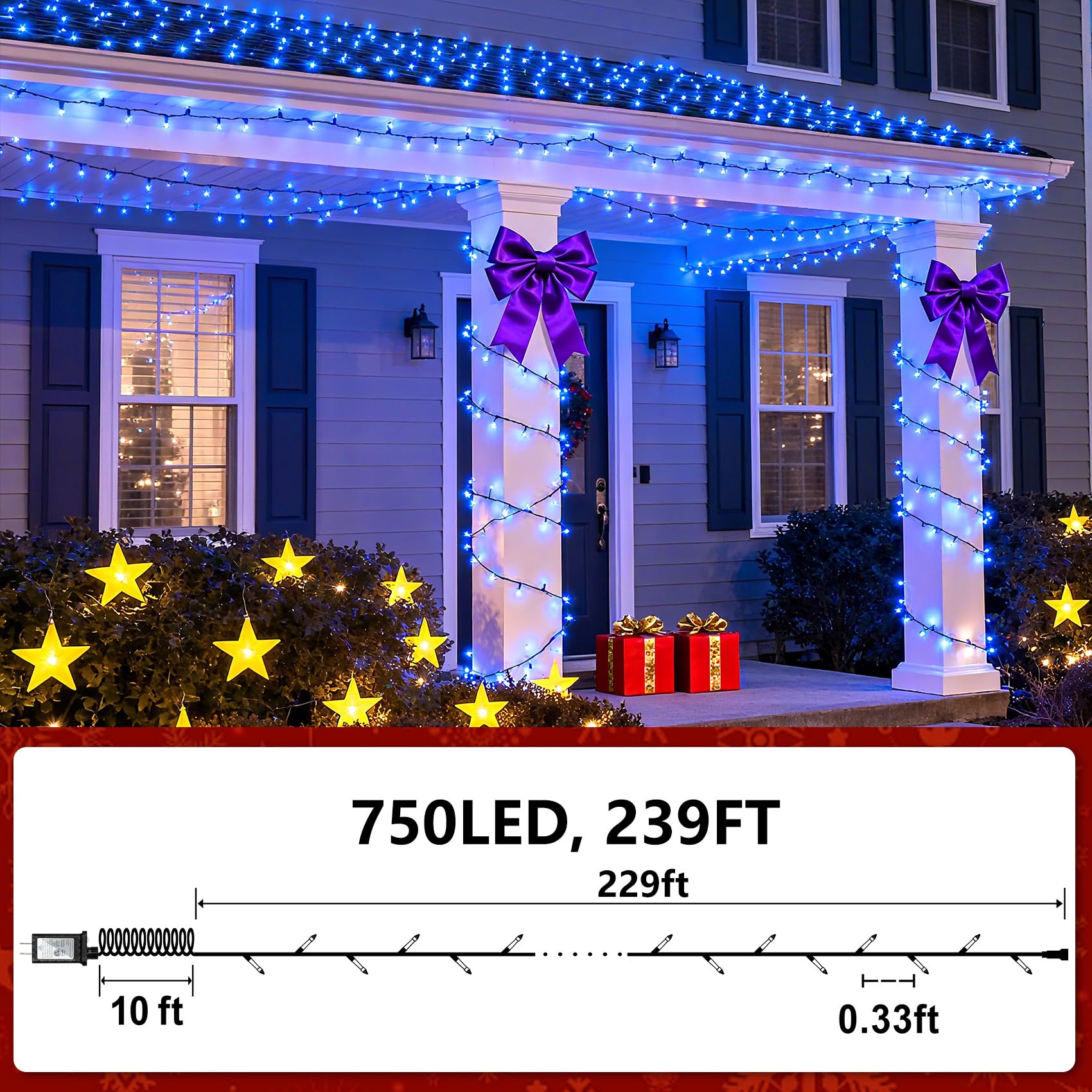 750 Led Christmas String Lights Outdoor  240Ft Twinkle Fairy Lights With Timer & Memory  12 Modes Dimmable Waterproof Tree Light For House Patio Garden Wedding Party Christmas Decororations  Blue