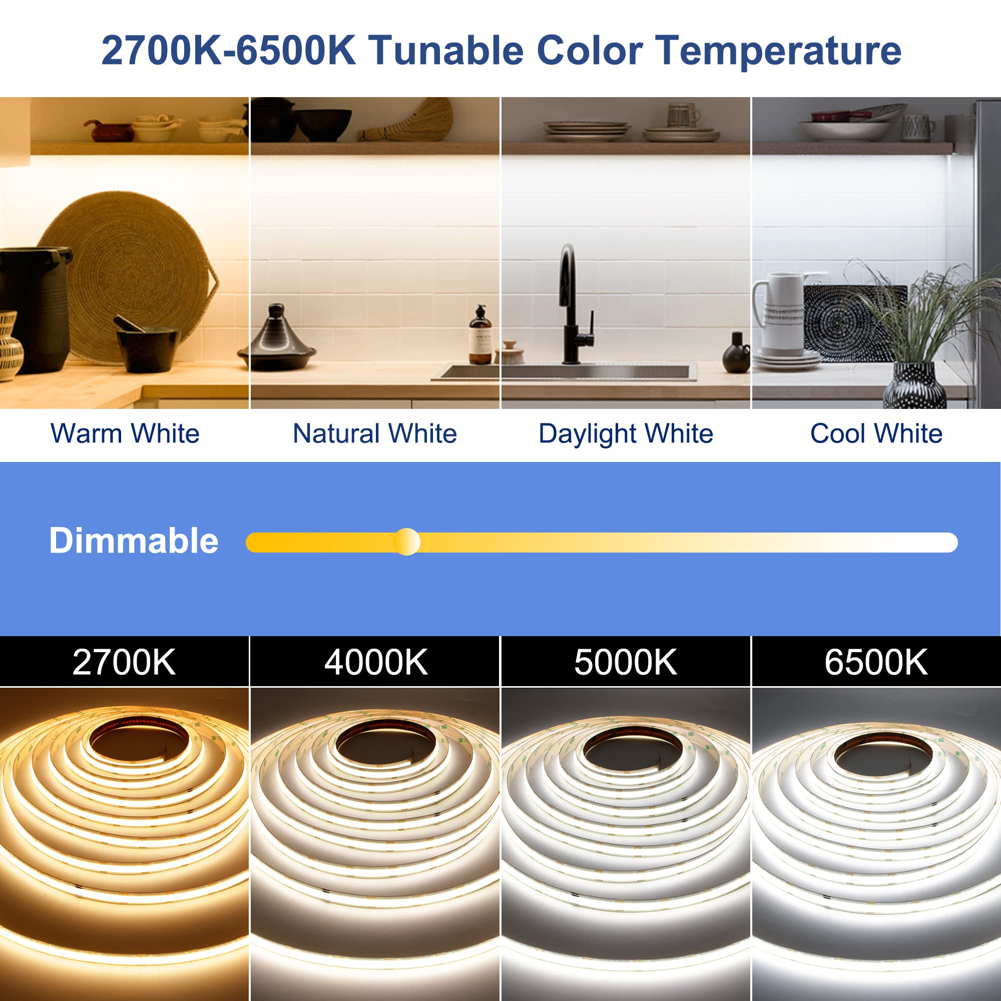 AXMOTUT CCT COB LED Strip Lights, 49ft Dimmable 2700K-6500K, High Density CRI 90+, Remote & Power Supply, Warm White