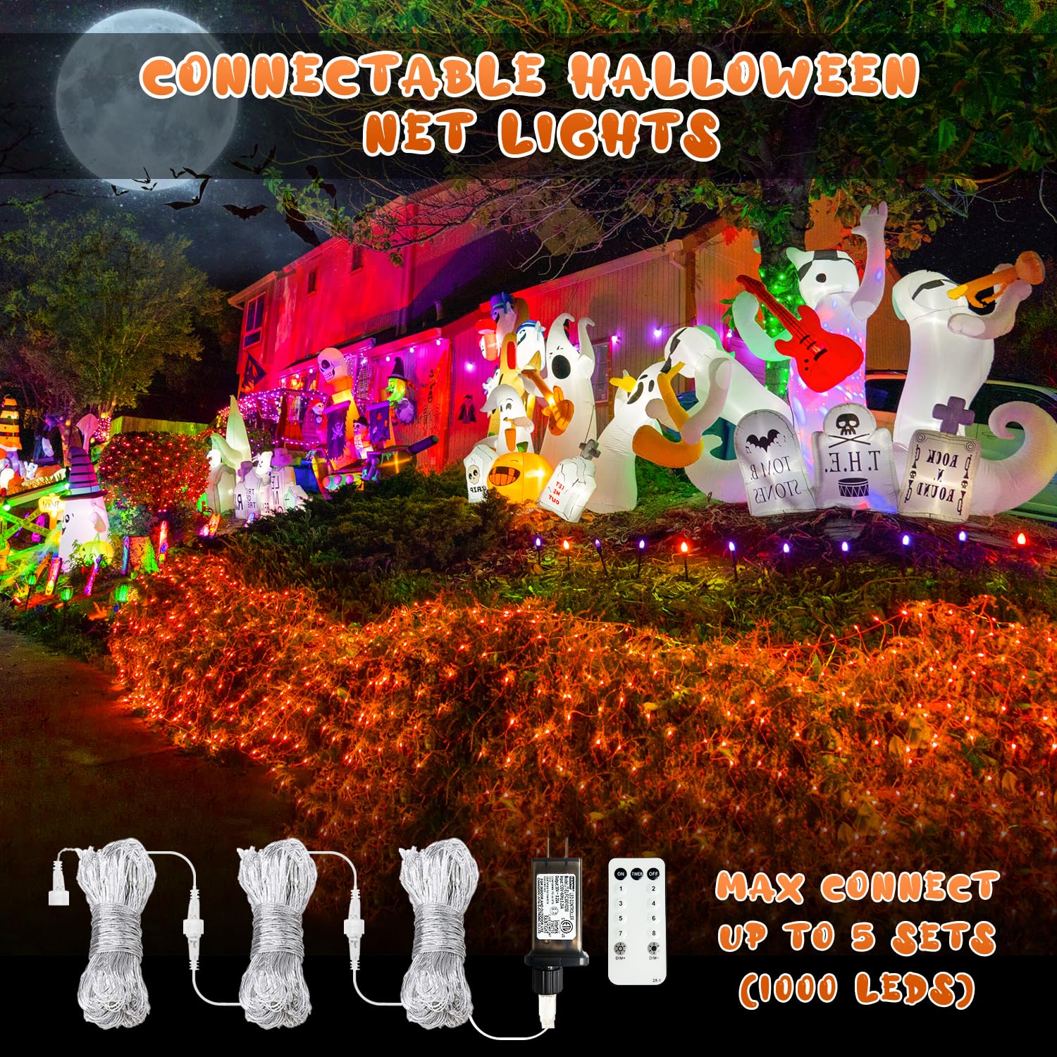 JMEXSUSS Halloween Net Lights, 200 LED, 9.8ft x 6.6ft, Orange, Waterproof, Remote, 8 Modes, Model EXS-N-0200