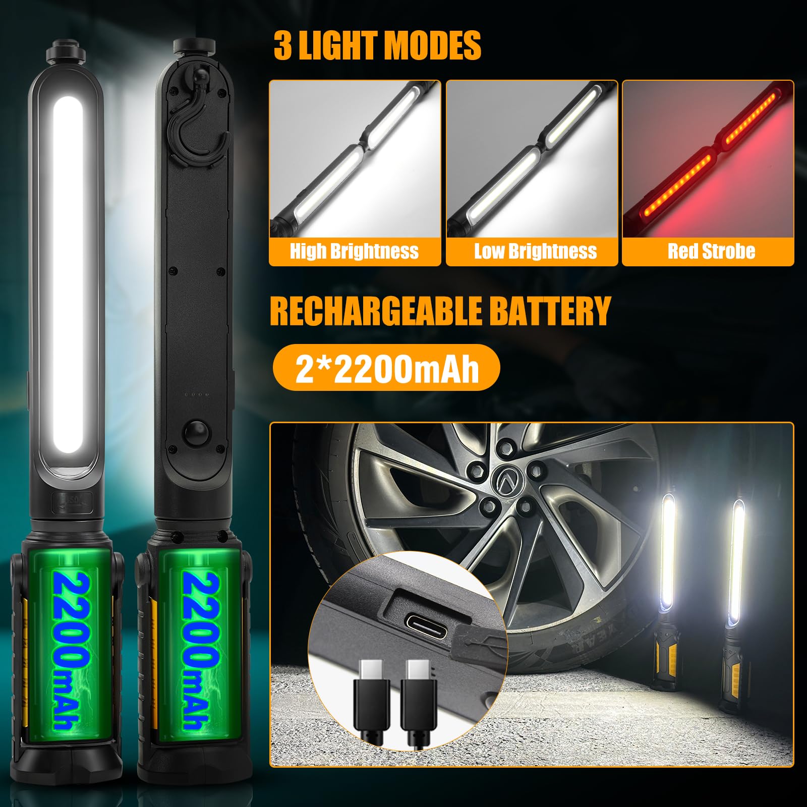 Sylstar Mechanic Work Light Bar With Sensor Control - 2400Lm Led, 4400Mah Rechargeable Underhood Work Light With Hooks & Magneti