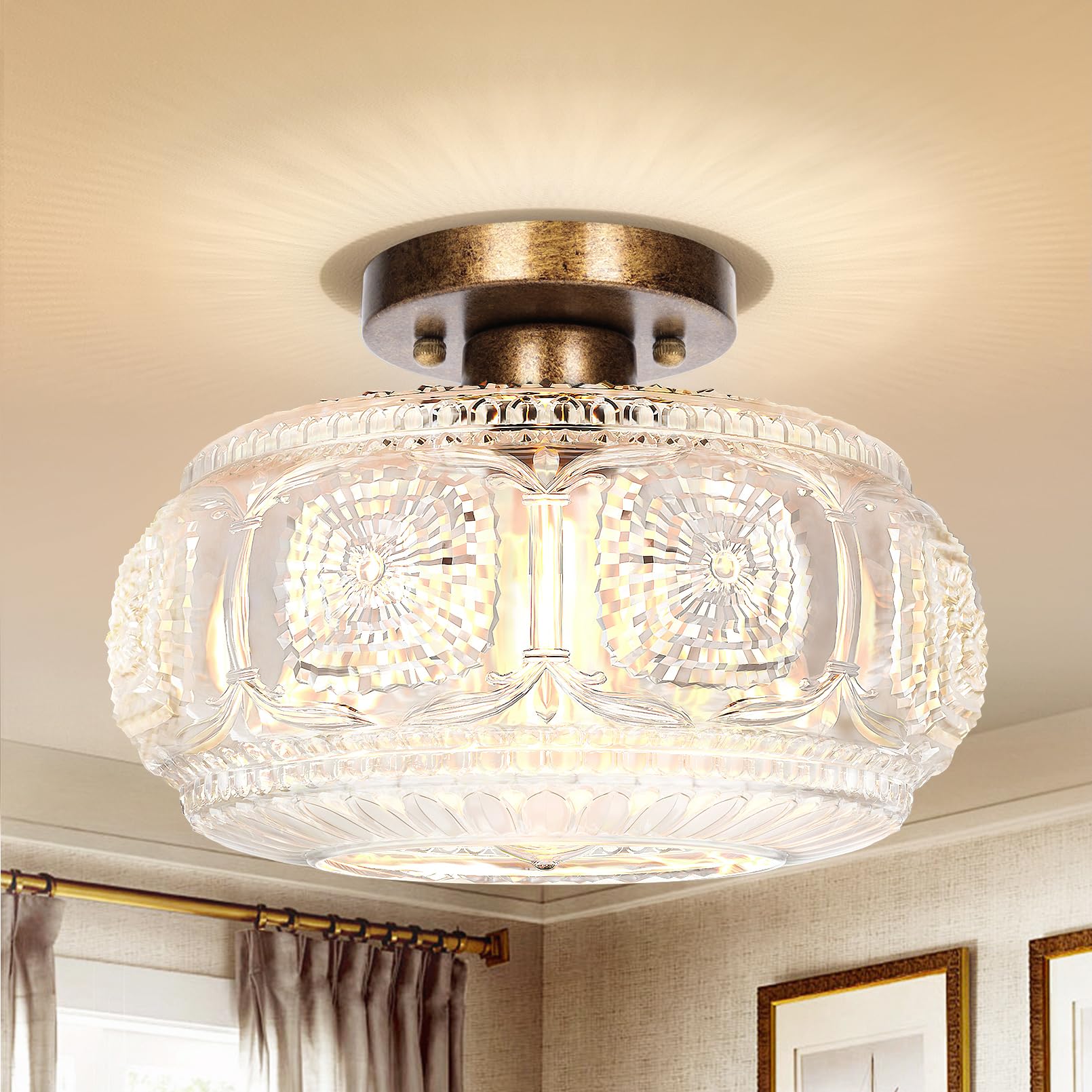 Oykyohei Semi Flush Mount Ceiling Light, Upgraded Larger Antique Bronze Glass Ceiling Light Fixture, Vintage Lighting For Hallwa