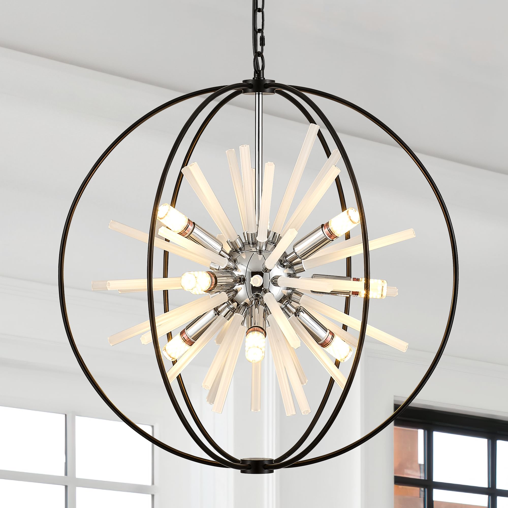 TACDANDM 31.5'' Black Chrome 16-Light Globe Sputnik Chandelier Modern Adjustable Hanging Ceiling Glass Tube Pendant Light Fixtur