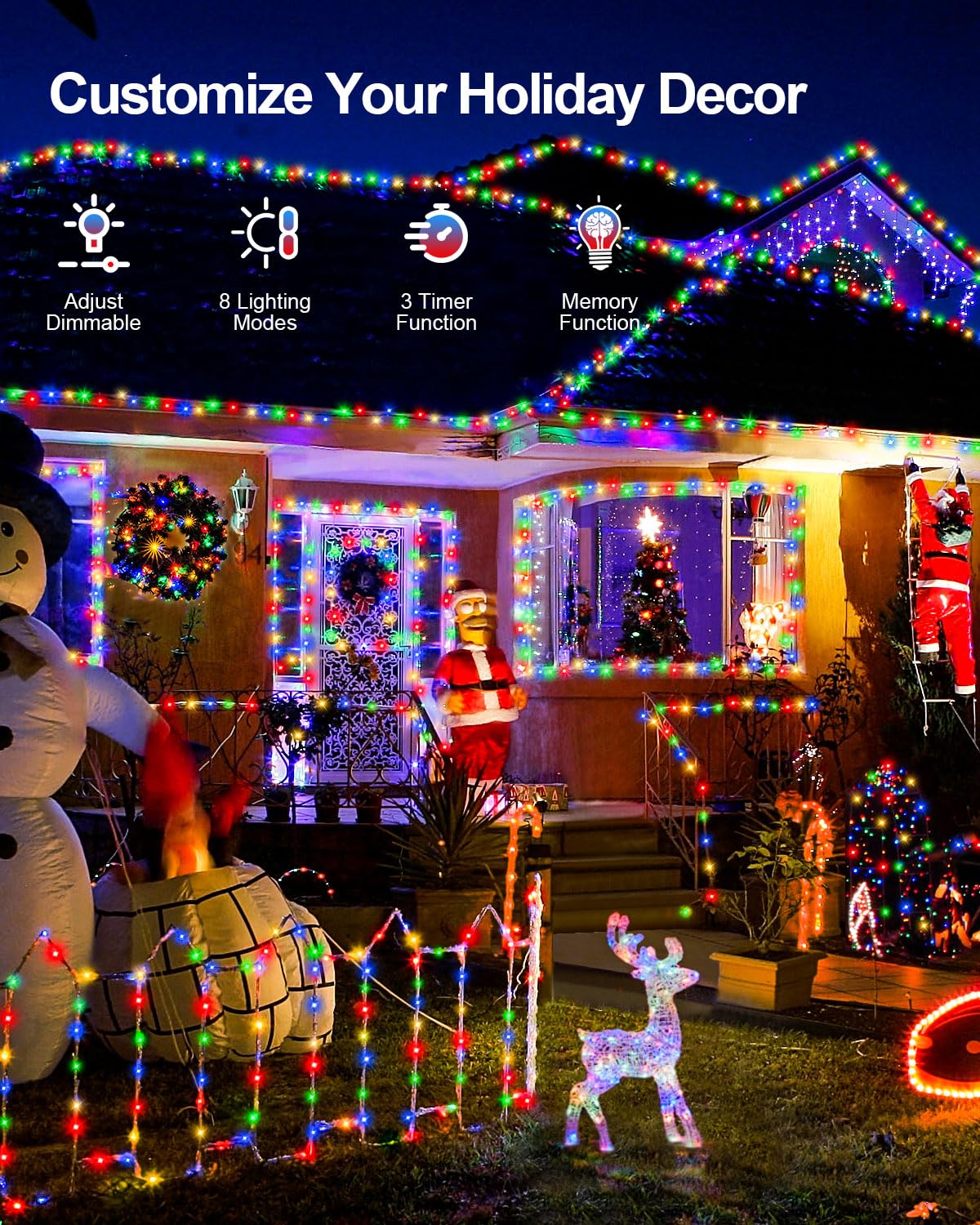 JIXXULVU Christmas String Lights, 250FT 760 LED, Multicolor, Indoor/Outdoor, Clear Wire, Model 300L, Timer & Memory Function