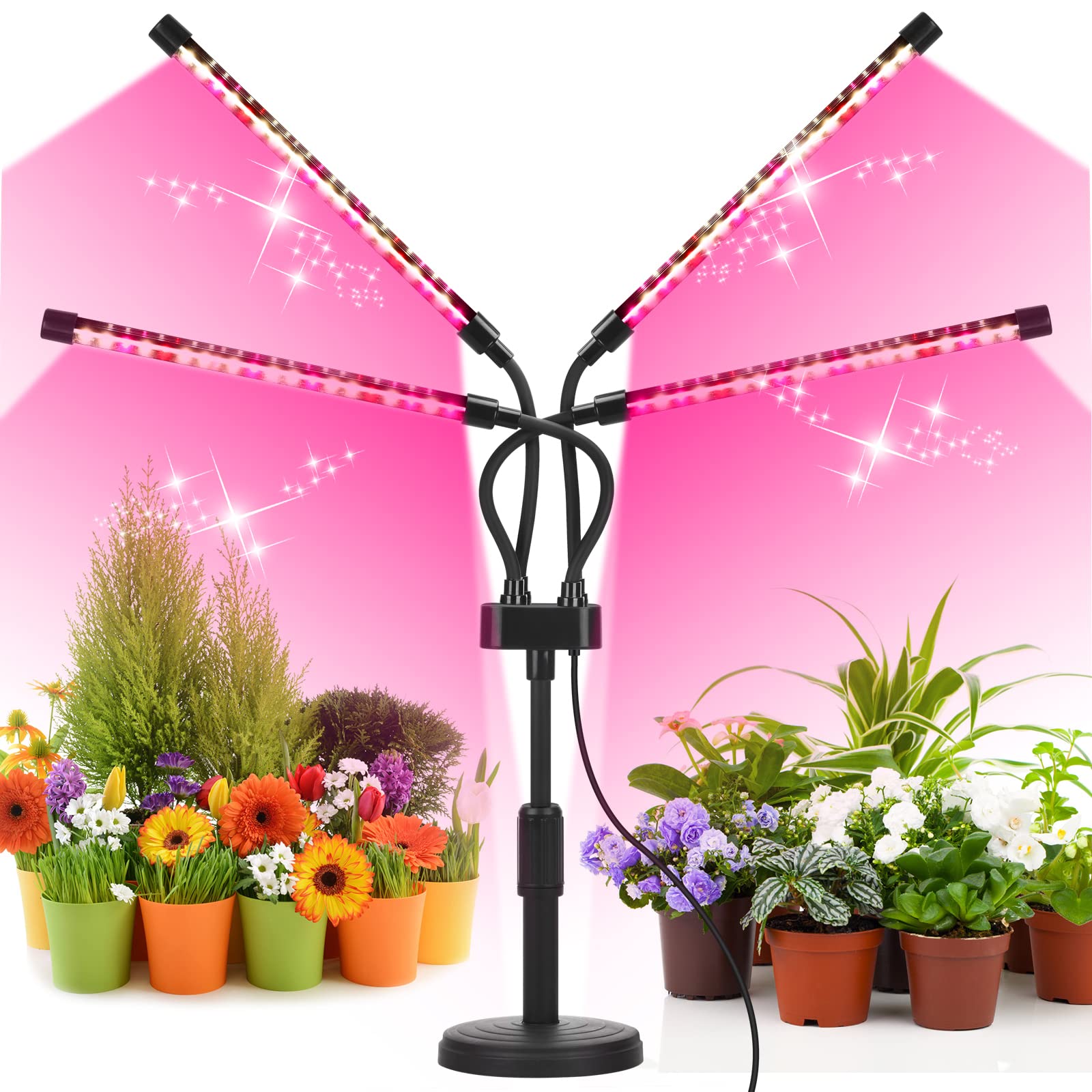 SYEIORAOM Grow Light for Indoor Plants, Four-Head LED, Adjustable Gooseneck, Full Spectrum, Plastic, Red/White, Model SYE-2020-782