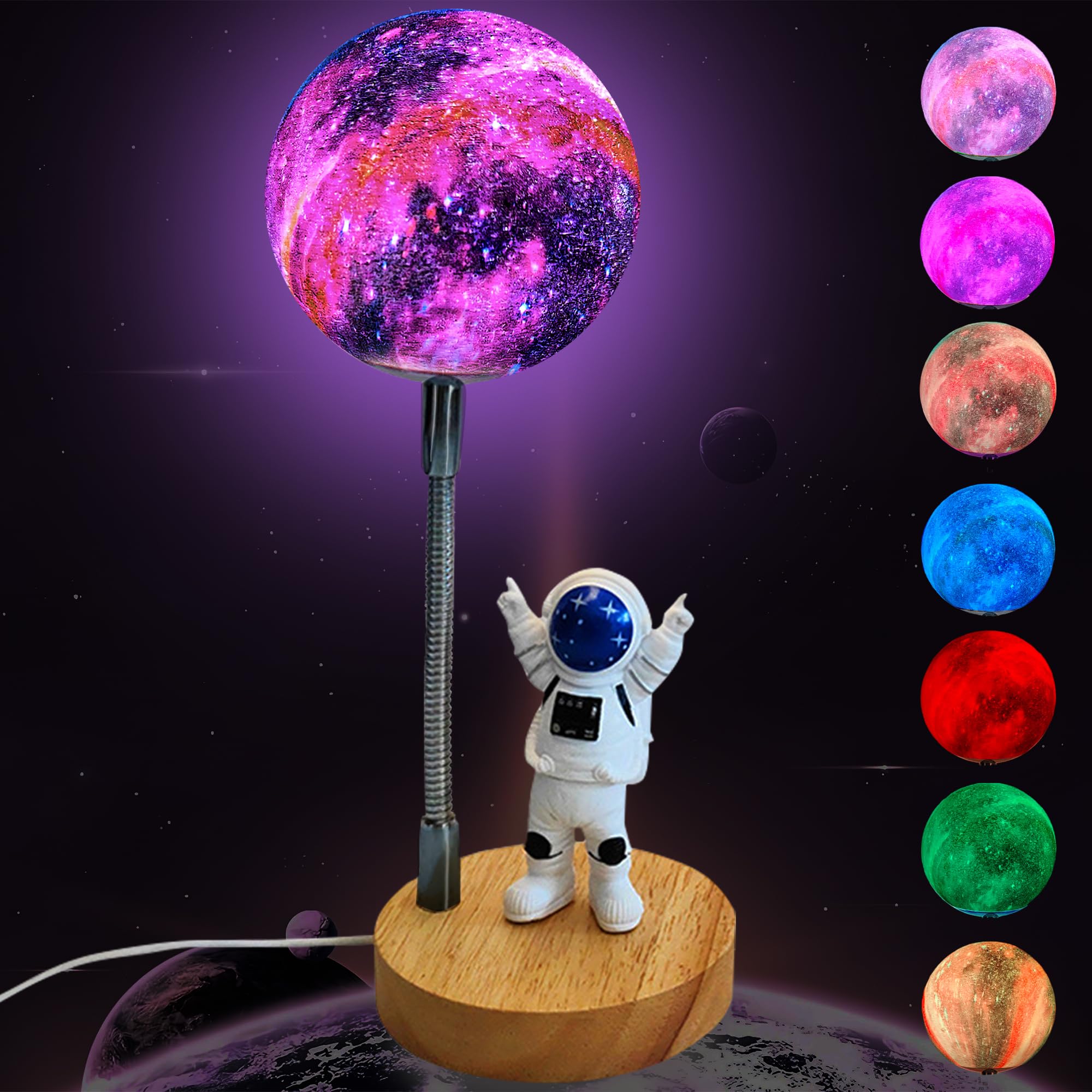 Wlhong Moon Lamp For Kids,Space Buddy Lights With 7 Color Astronaut Night Light,Usb Powered And Button Control 3D Moon Table Lamp,Perfect For Bedroom,Nursery And Space-Themed Parties (Galaxy)