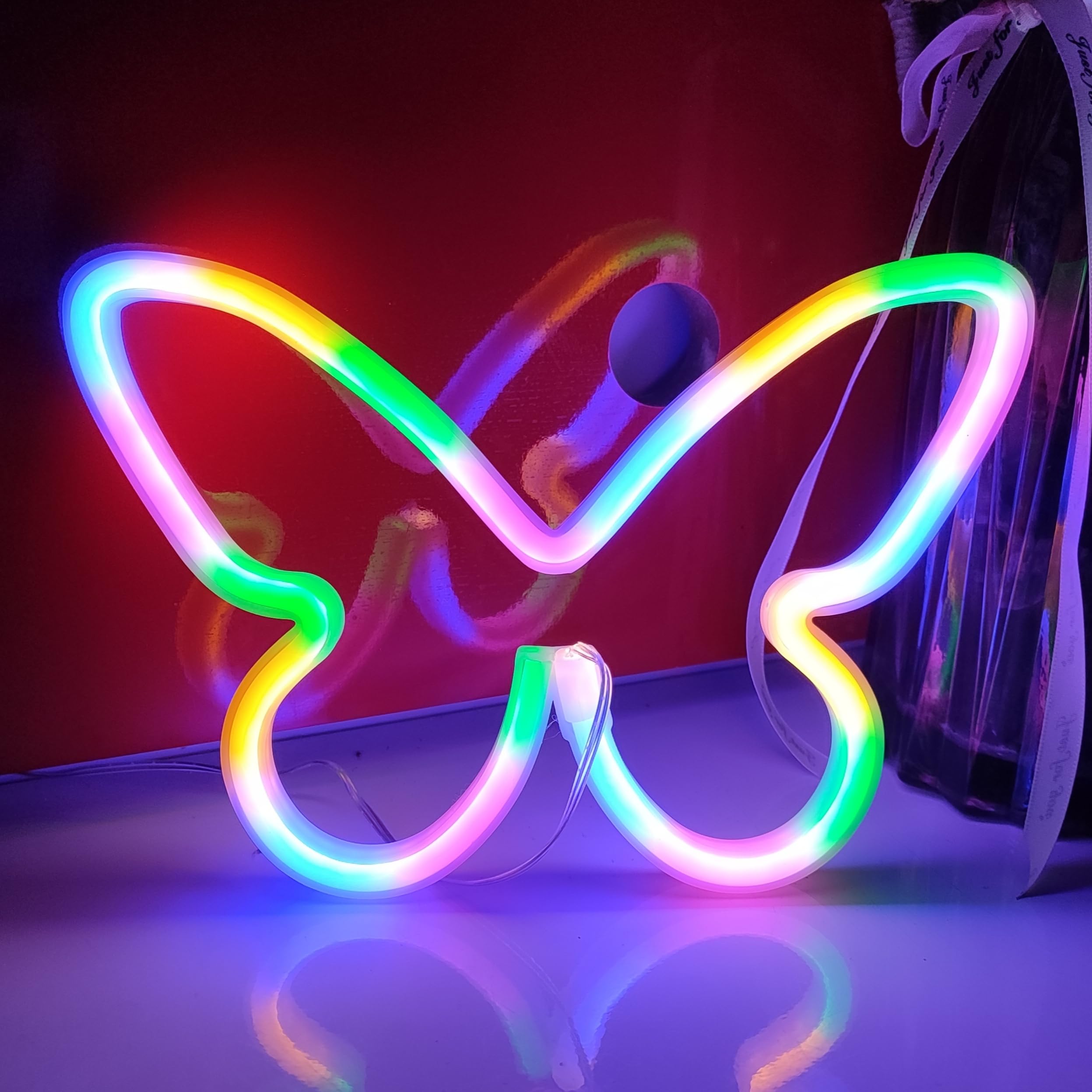 JYWJ Butterfly Neon Sign, USB & 3-AA Battery Powered, LED Table Decor, Kids Bedroom & Party Supplies, Model JY-BF-CL01, Color