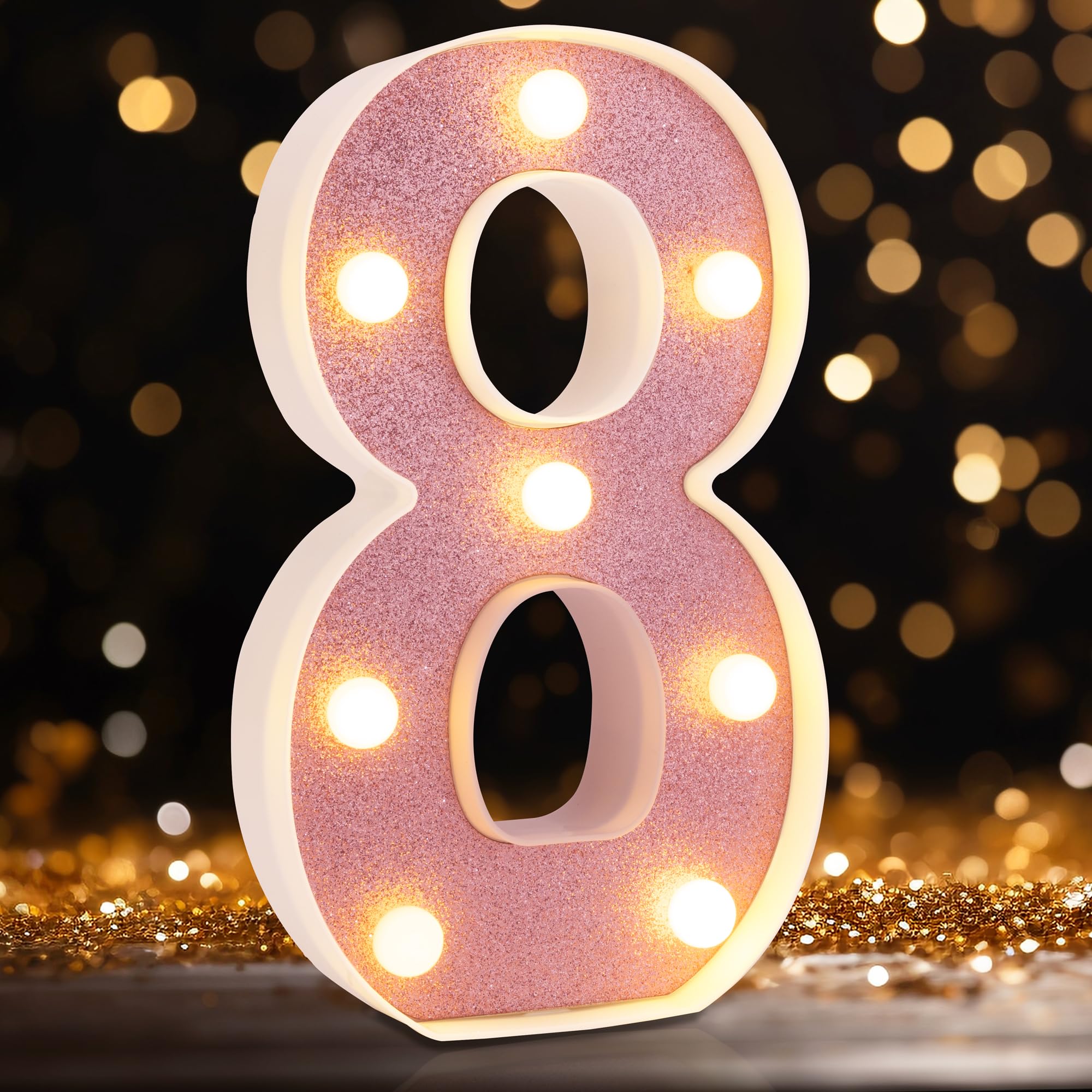 DyingSwan LED Marquee Number 8, 8.58 Inch Pink Glitter Light Up Decor, Battery Powered Plastic Party Night Light