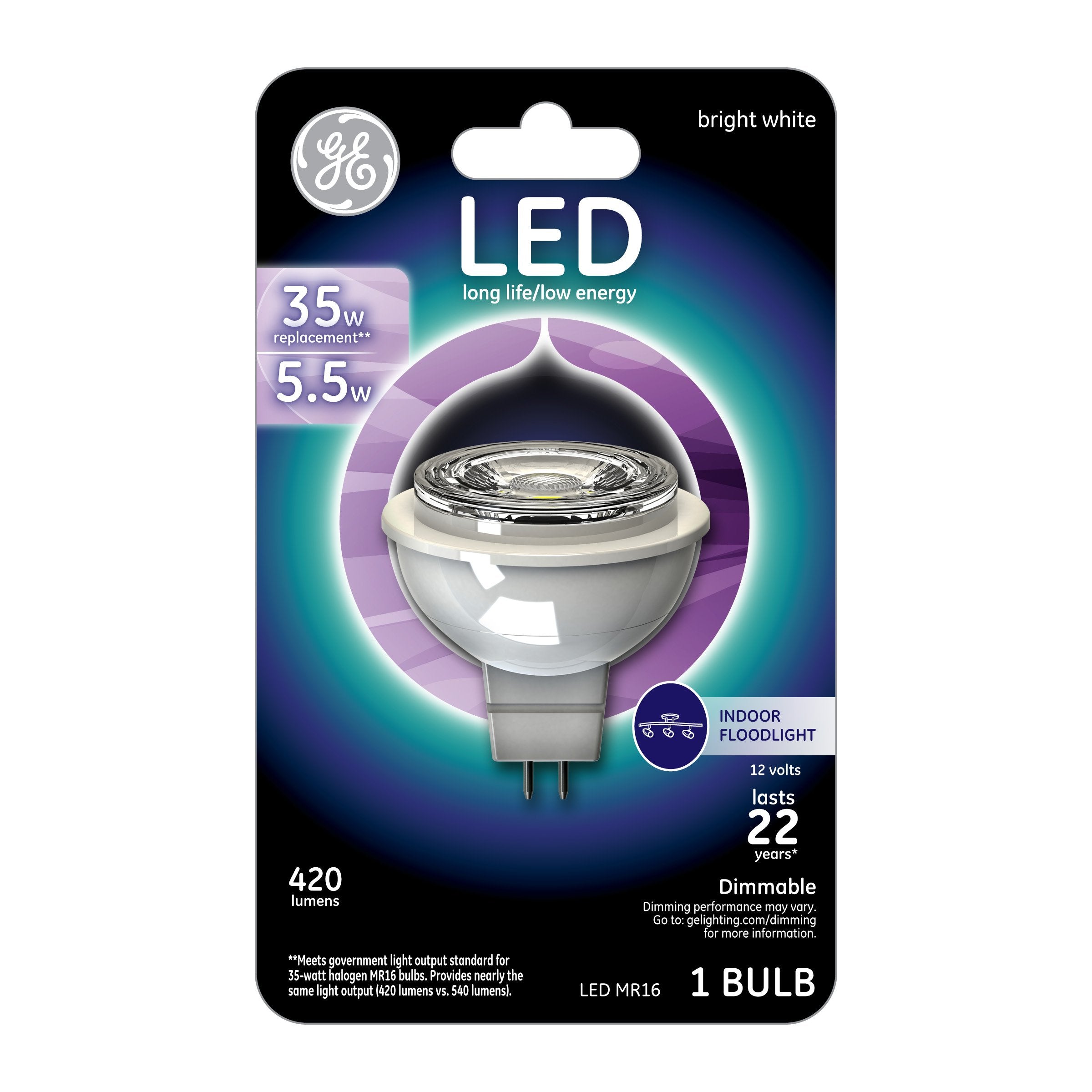 GE LED MR16 Accent Bulb, 5.5W, Warm White, GU5.3 Base, 1-Pack, Model 45638