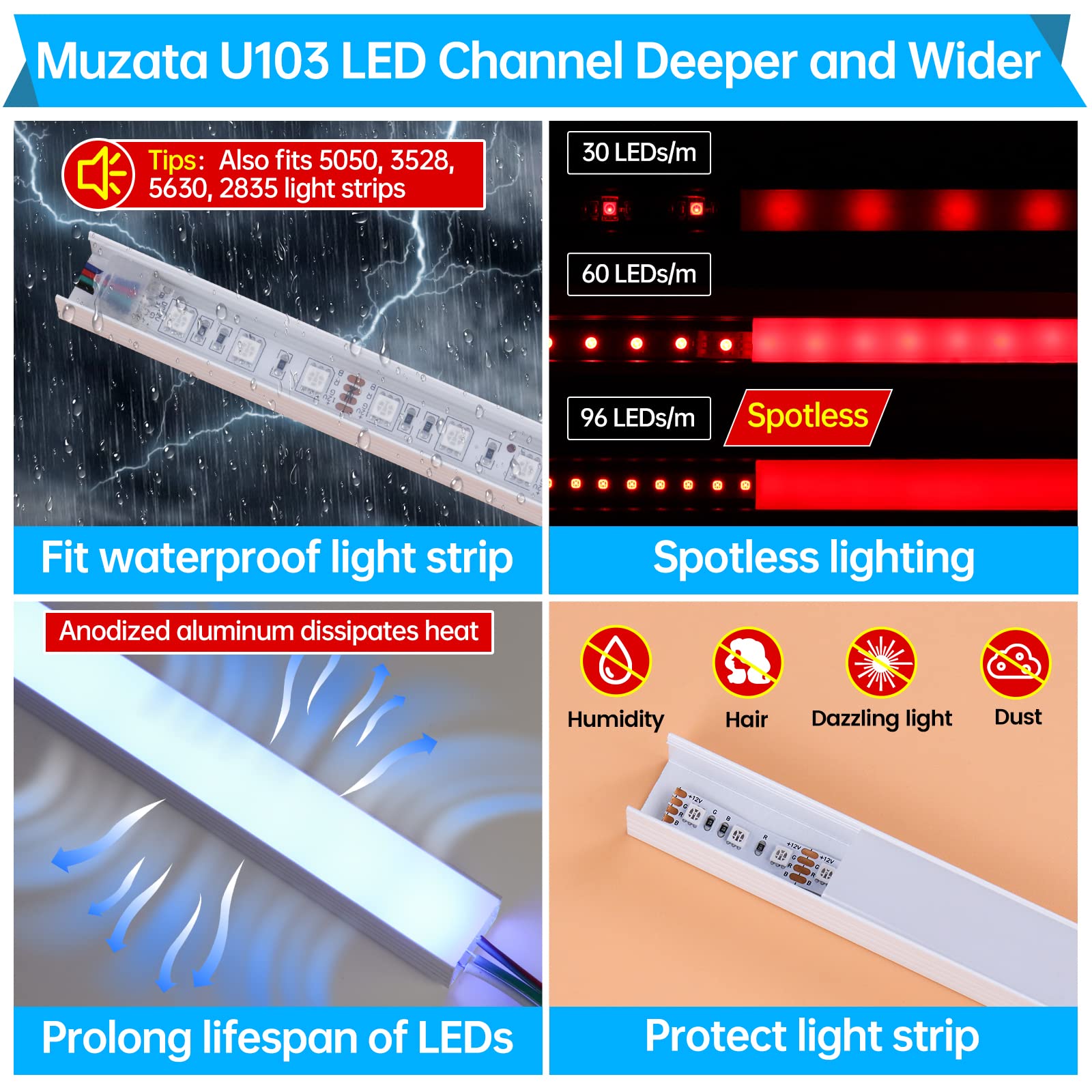 Muzata 6Pack 3.3Ft/1M Plus-Size Spotless Led Channel White Aluminum Led Strip Diffuser Channel With Milky White Cover U103 Hw 1M