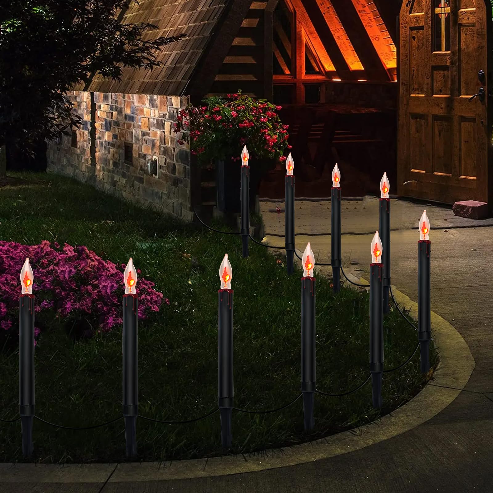 Halloween Pathway Lights Outdoor, 19.5Ft Halloween Pathway Marker String Lights With 10 C18 Flicker Flame Black Candles Stakes L