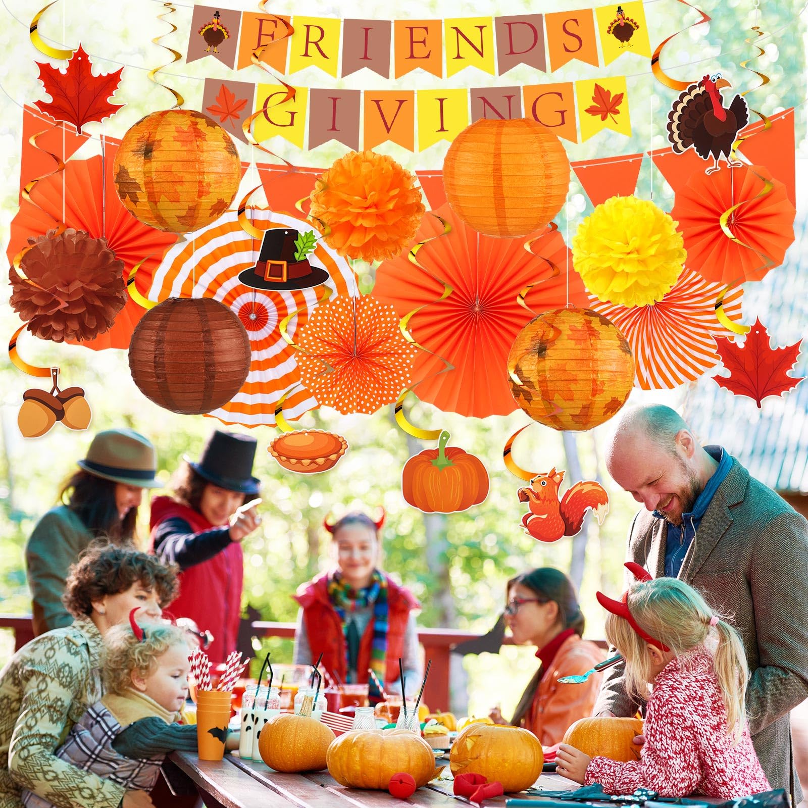Motiskyy 28 Pcs Thanksgiving Party Decoration Include Friends Giving Banner Autumn Paper Lanterns Pom Pom Hanging Fans Bunting Garland Swirl Streamers For Fall Harvest Birthday