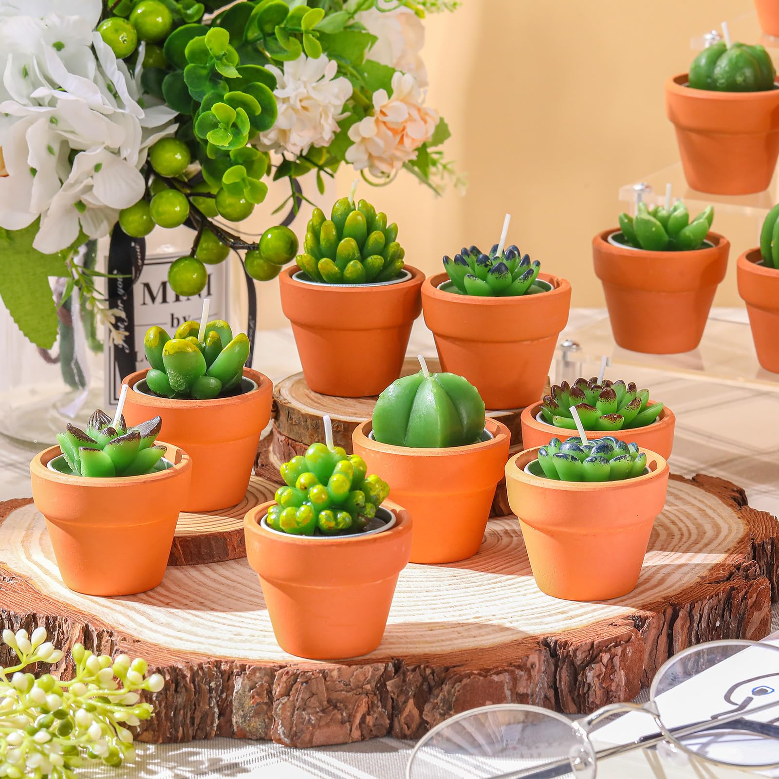 Shihanee 36 Pcs Decorative Succulent Cactus Tealight Candle Set - Handmade Mini Terracotta Clay Holders For Baby Shower Wedding(Red)