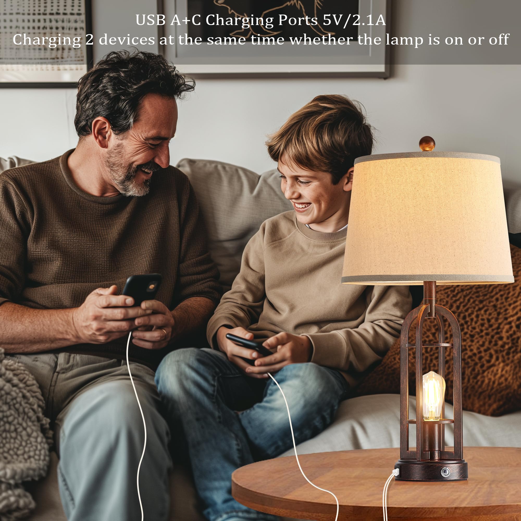 Srjja Farmhouse Table Lamps For Living Room Set Of 2, Industrial 3-Way Dimmable Touch Bedside Lamps With Usb A+C For Nightstand