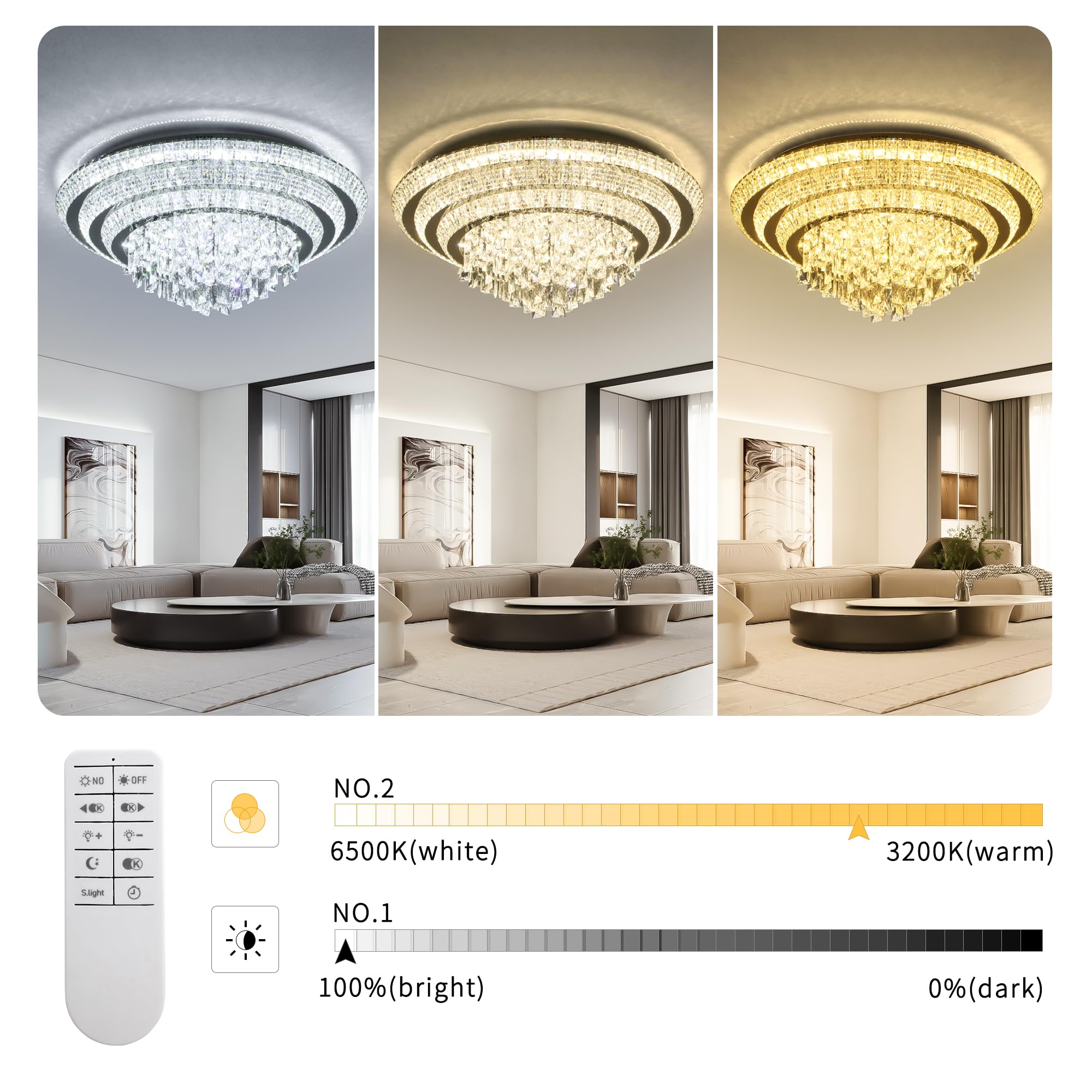 REDSTAR 30" Crystal Silver Flush Mount Ceiling Light, Remote & APP Control, Dimmable, Modern K9 Crystal Chandelier for Bedroom & Living Room
