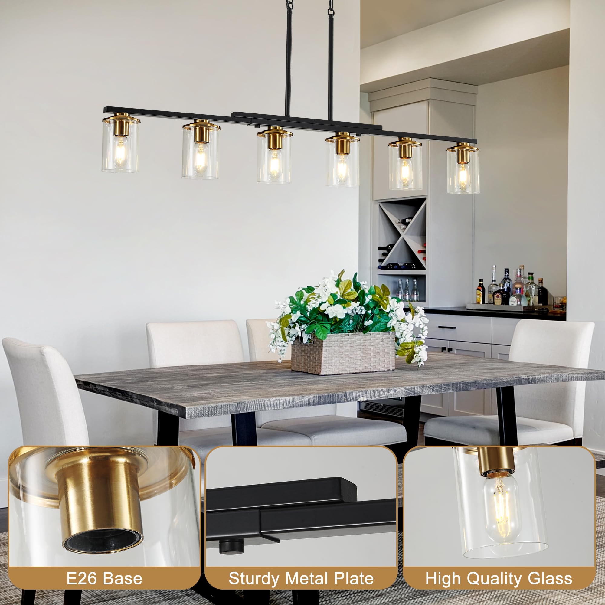 XvmBvm 6-Light Kitchen Island Chandelier, Modern Rustic Black and Gold, Clear Glass Shade, Model X3002-6