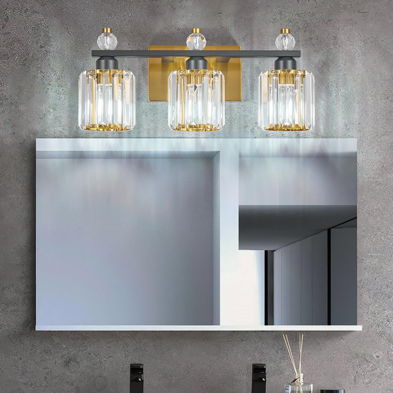 FDPBY 3-Light Crystal Bathroom Vanity Lights, Black Gold Round, Model 291, Modern Over Mirror Lighting Fixtures
