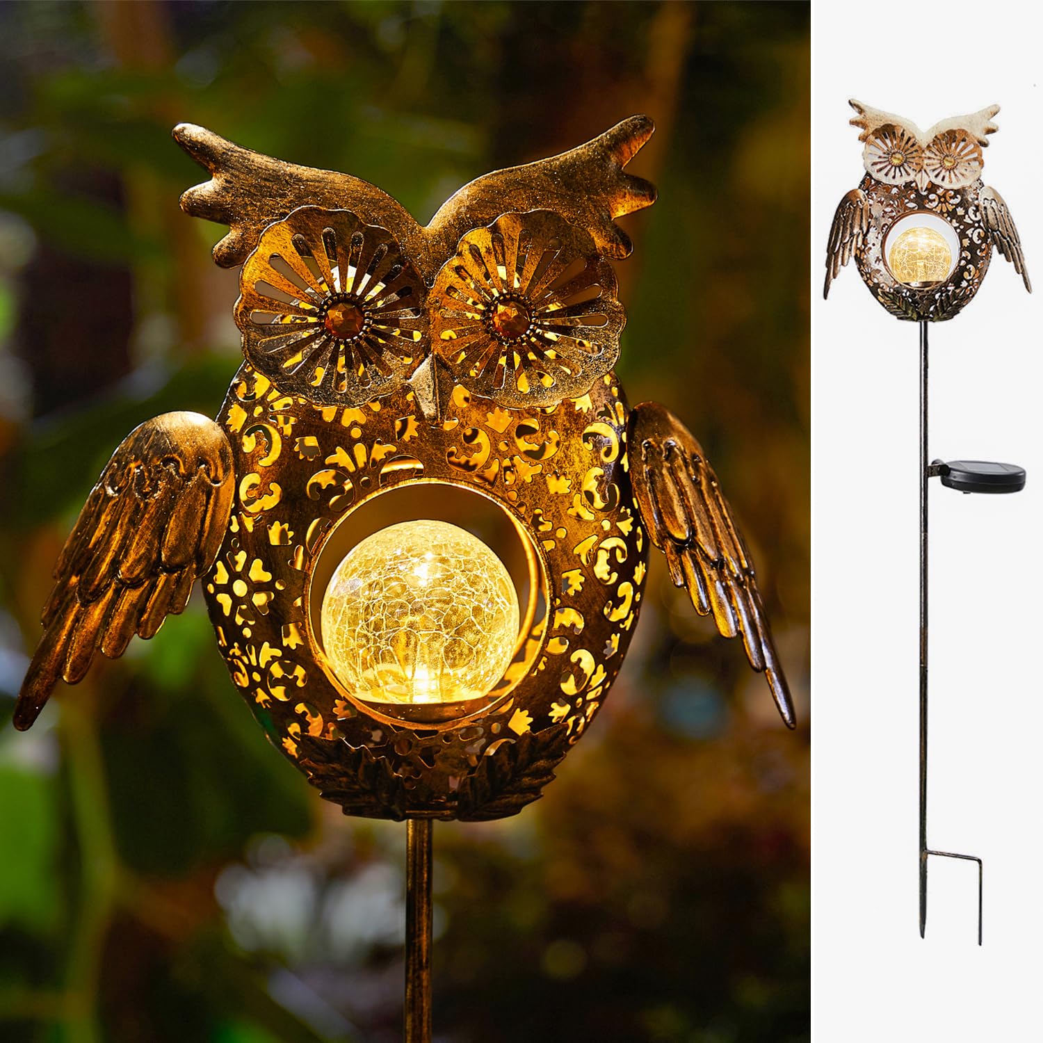 Go2garden Solar Lights Outdoor Owl Decorative Metal Stakes Lights Crackle Glass Light for Lawn, Yard Art, Pathway, Patio Decorations,Birthday Mothers' Day Gift for Mom Dad Grandma (Bronze)