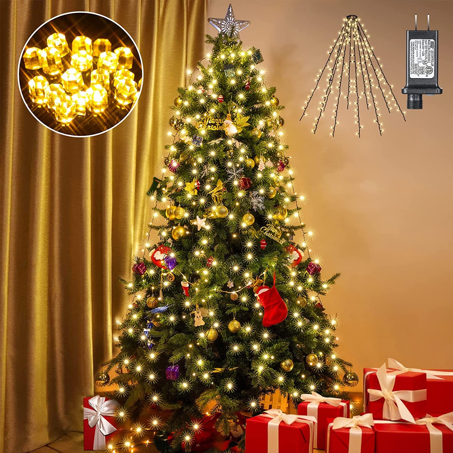 Marchpower Christmas Tree Lights Warm White, 8 Modes Christmas Lights for Tree with Timer & Memory Function, 400 Diamond LED 6.6