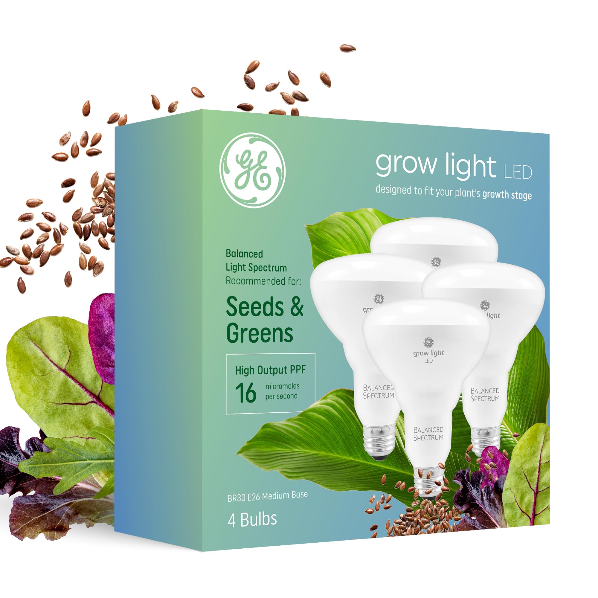 GE Grow Lights for Indoor Plants  BR30 Indoor Floodlight  LED Light Bulbs for Seeds and Greens with Balanced Spectrum  25 000 Hours Lifespan  16 PPF  4 Pack (Packaging May Vary)