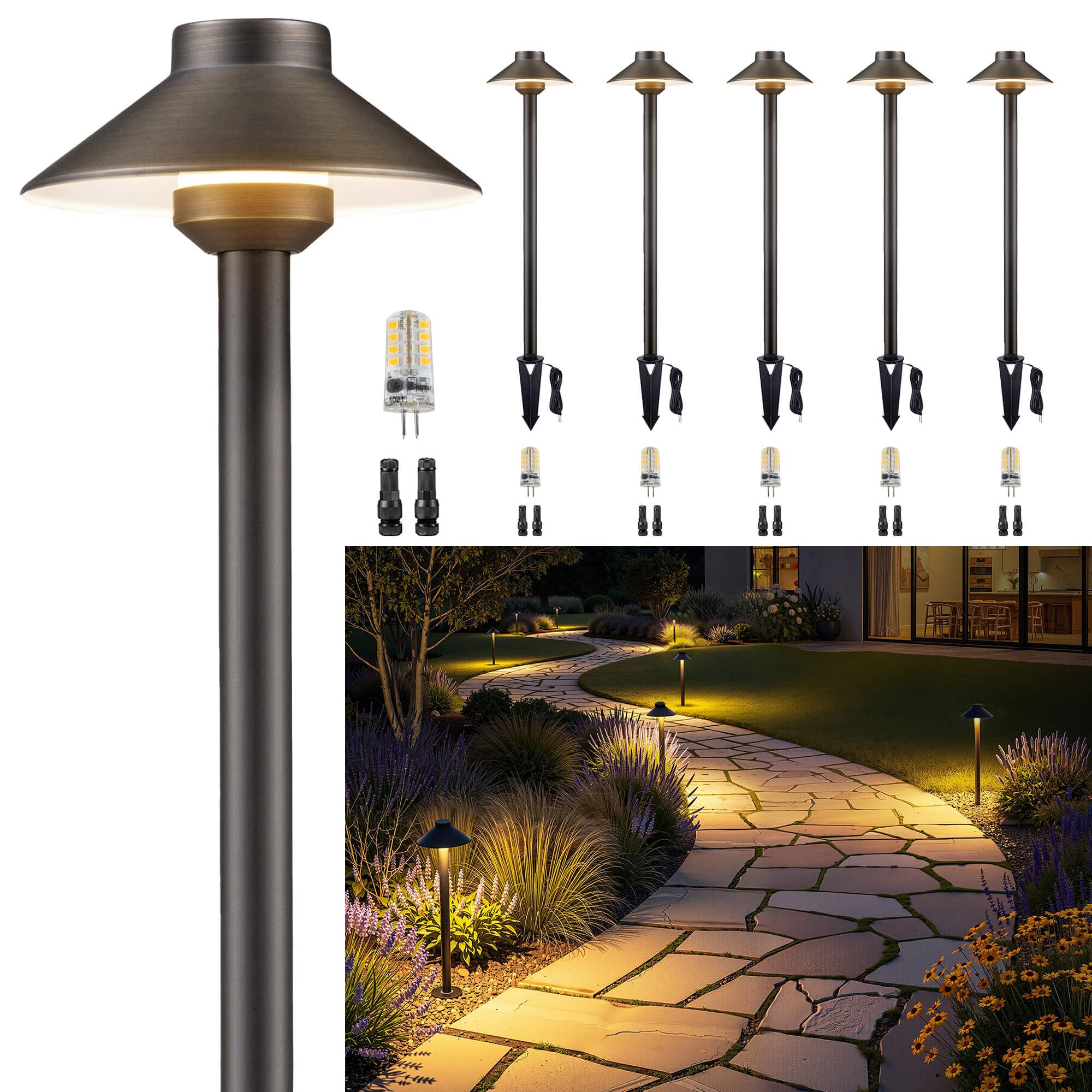 Gardenreet Brass Low Voltage Landscape Lighting - 12V LED Path Lights IP65 Waterproof  Hard-Wired Pathway Light Bronze for Outside Walkway Garden with 3W 2700K Warm White G4 Replaceable Bulb (6 Pack)