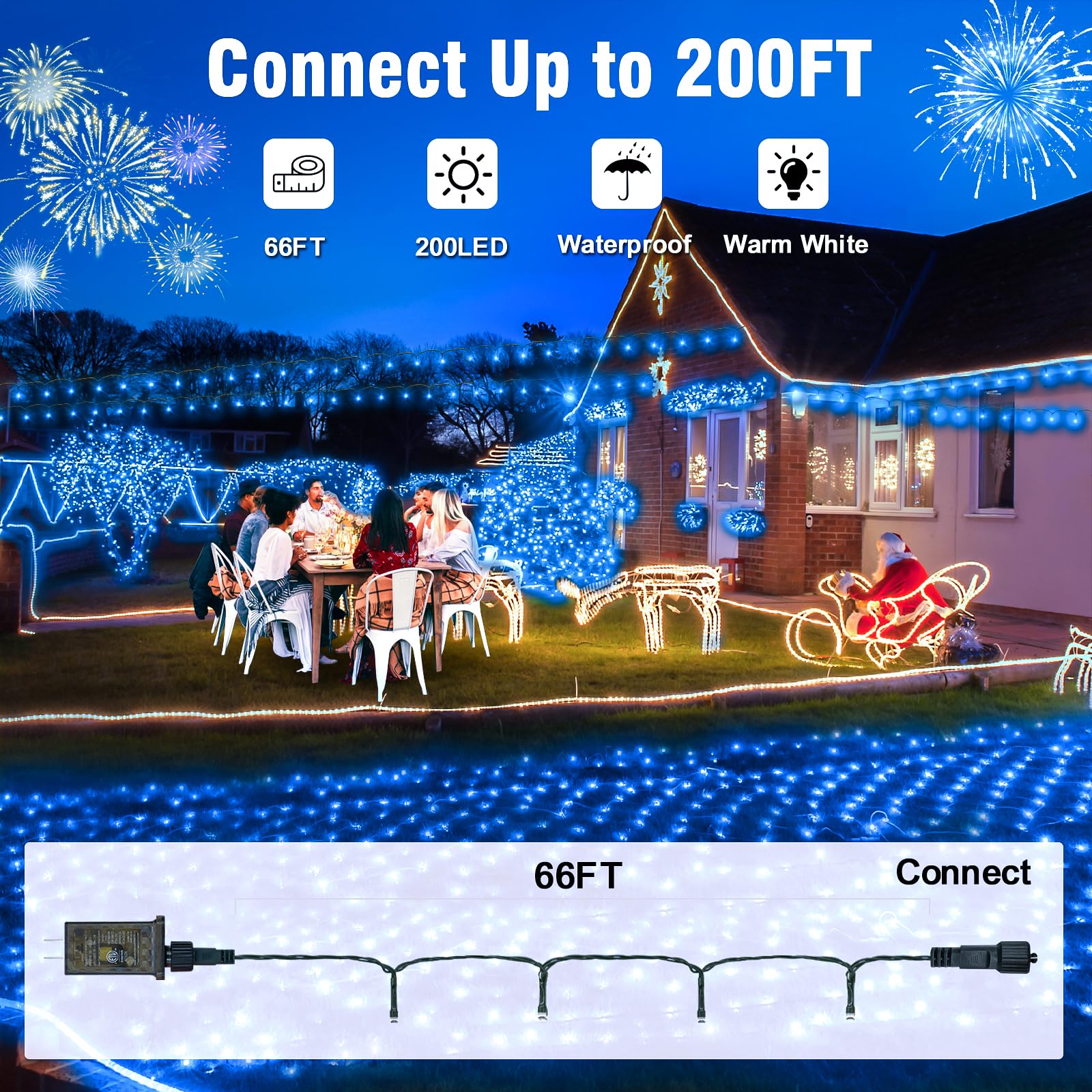 Nisocy 66Ft 200 Led Blue String Lights With Green Wire  Waterproof Seasonal Fairy Lights With 8 Modes  Indoor Outdoor Decorative Lighting For Christmas Tree  Party  Garden  Patio