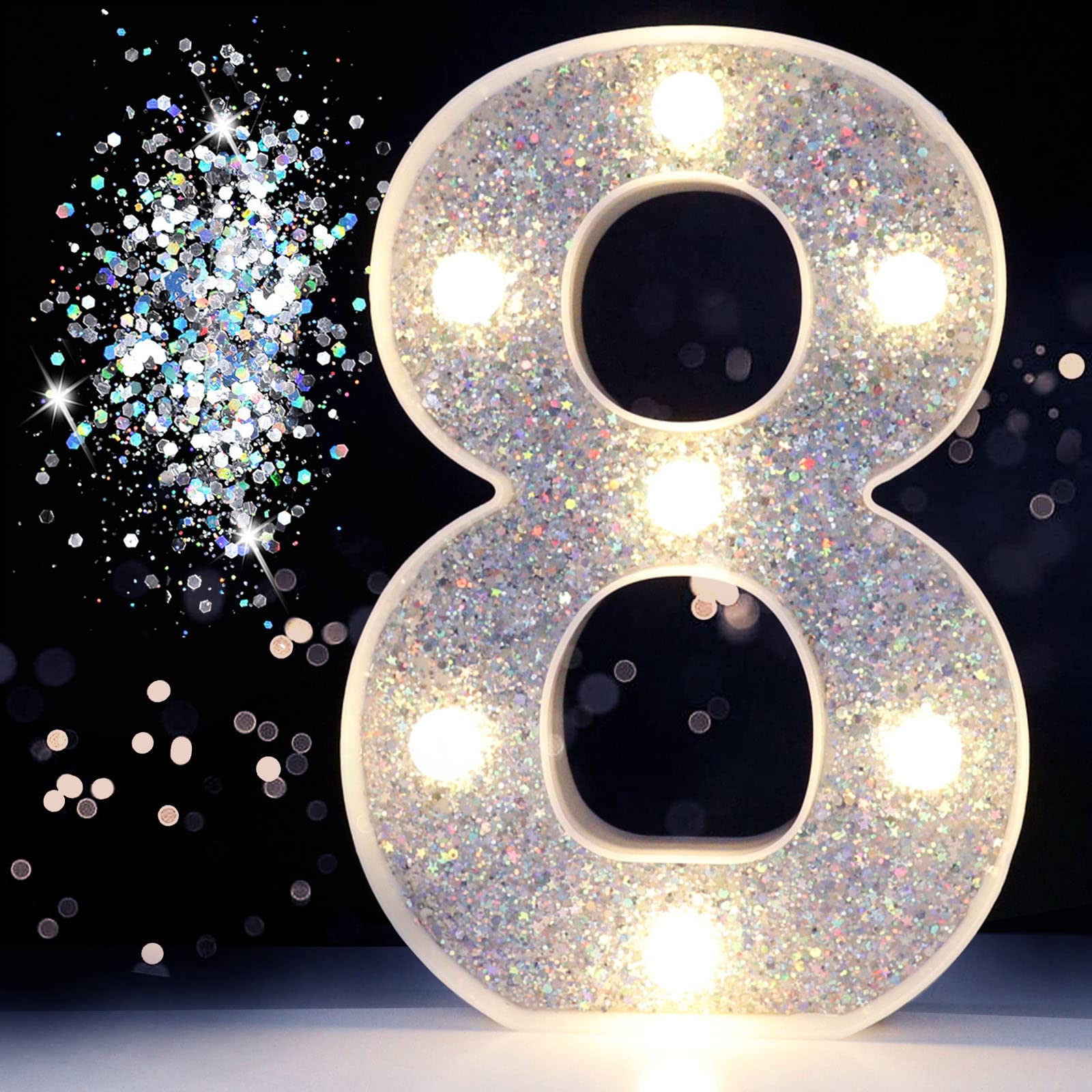 Pooqla Marquee Number Light, Battery Powered Silver Number 8, Glitter Plastic Decoration for Christmas, Weddings, Birthdays