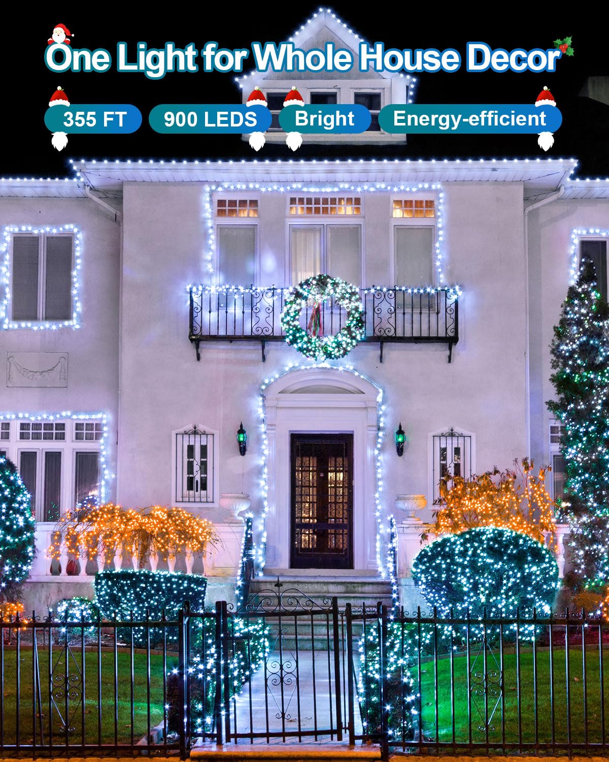 JIXXULVU 355FT 900 LED Christmas Lights, Waterproof Outdoor String Lights, Timer & Memory, Dimmable, Cool White, Model 300L