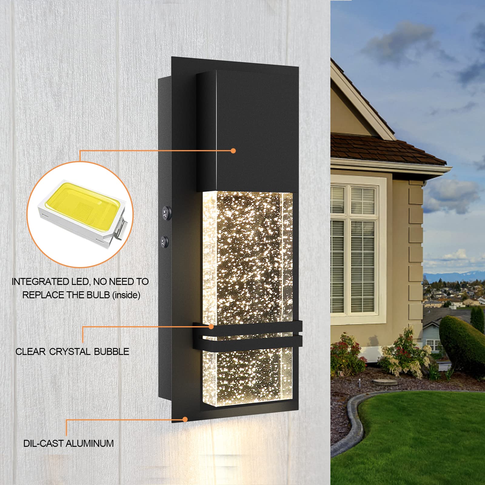 PARTPHONER LED Outdoor Wall Light, Modern Sconce with Crystal Bubble Glass, 12W 3000K, Matte Black Finish, 2 Pack