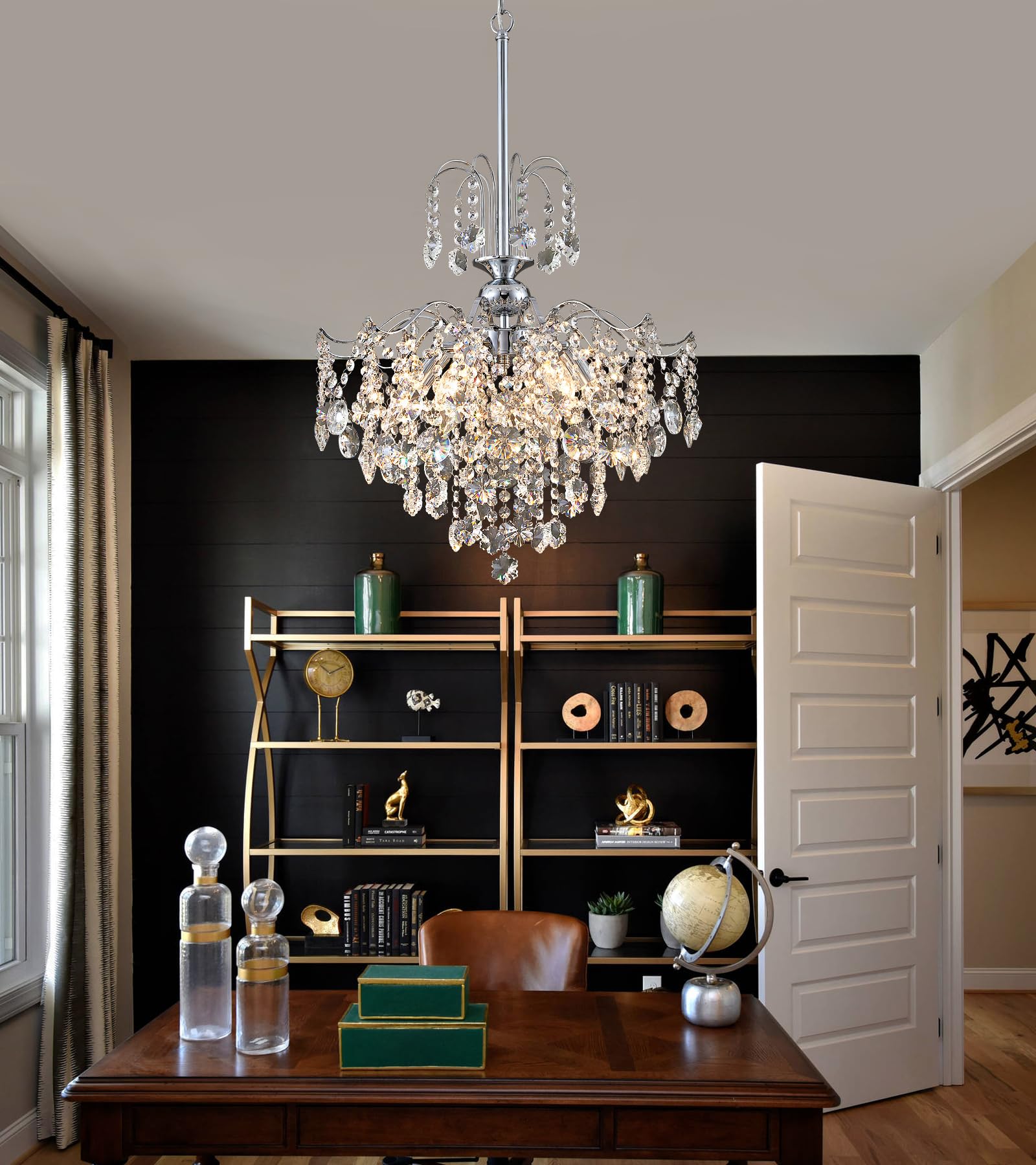Q&S Modern Crystal Chandelier Pendant Light, 6 Lights, 17 IN, Chrome, Model P2001-6CH, UL Listed for Dining Room, Kitchen, Entryway