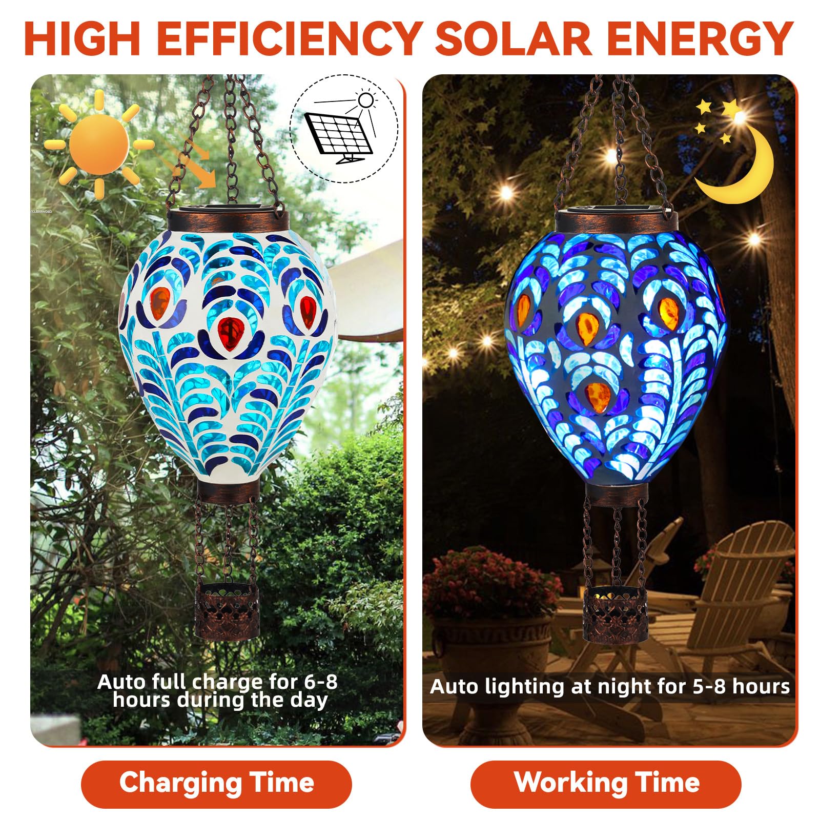 VOREEN Hot Air Balloon Solar Lantern, Handmade Glass, Peacock Feather Design, Waterproof Outdoor Hanging Light, Model FYG24106
