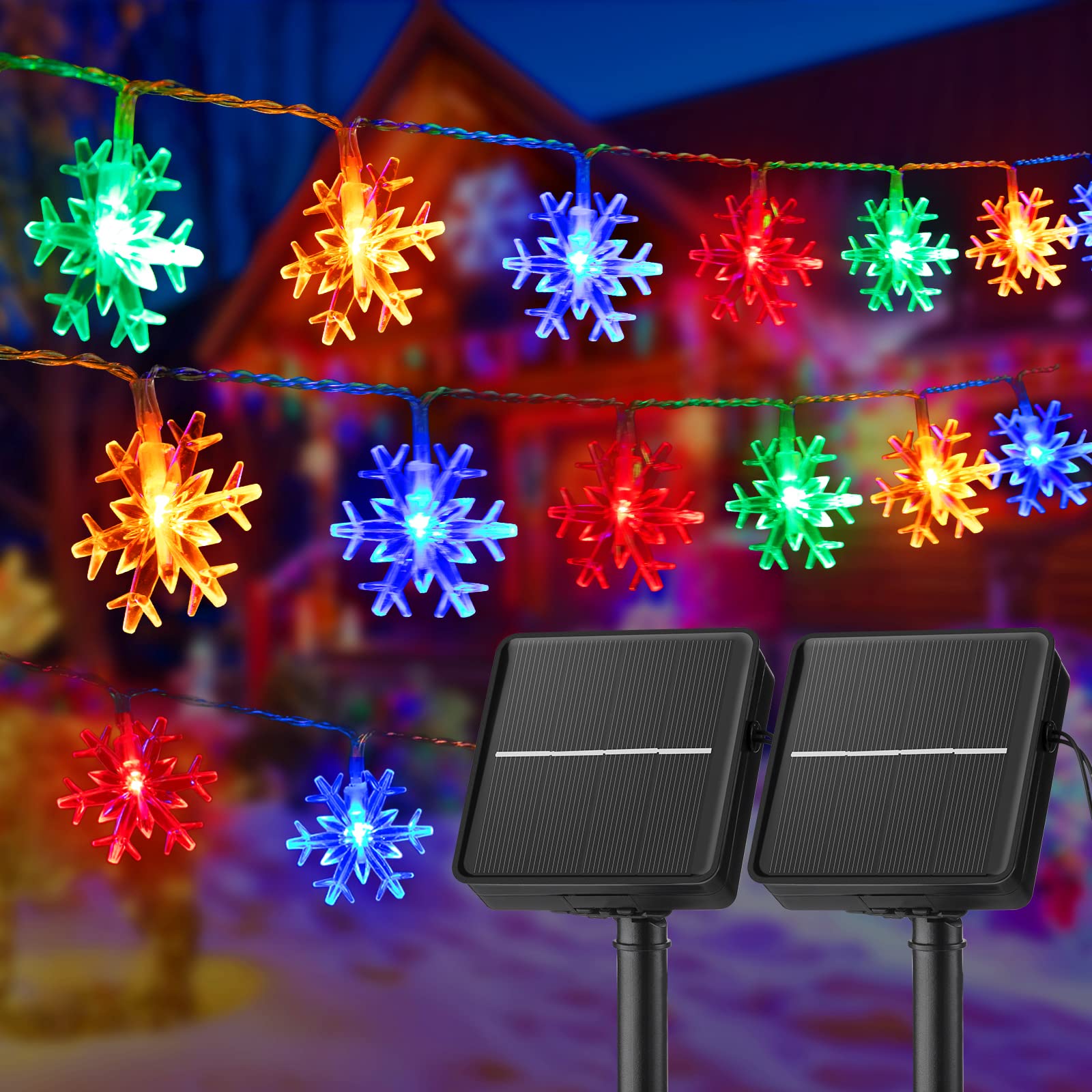 Brightown Solar Christmas Snowflake String Lights - 100 LED, 39 FT, Waterproof, 8 Lighting Modes, Multicolor, 2 Pack