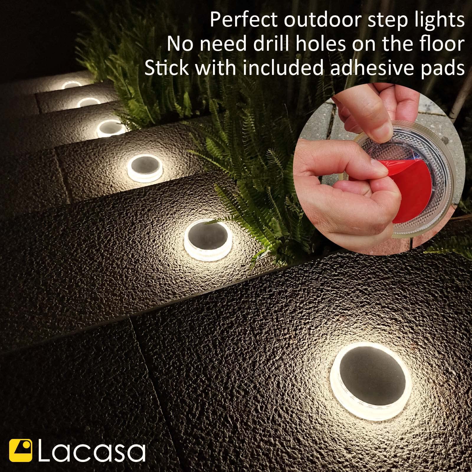 Lacasa Solar Deck Lights, Waterproof LED Step Lights, Round, 4000K Neutral White, Model C78, 4 Pack