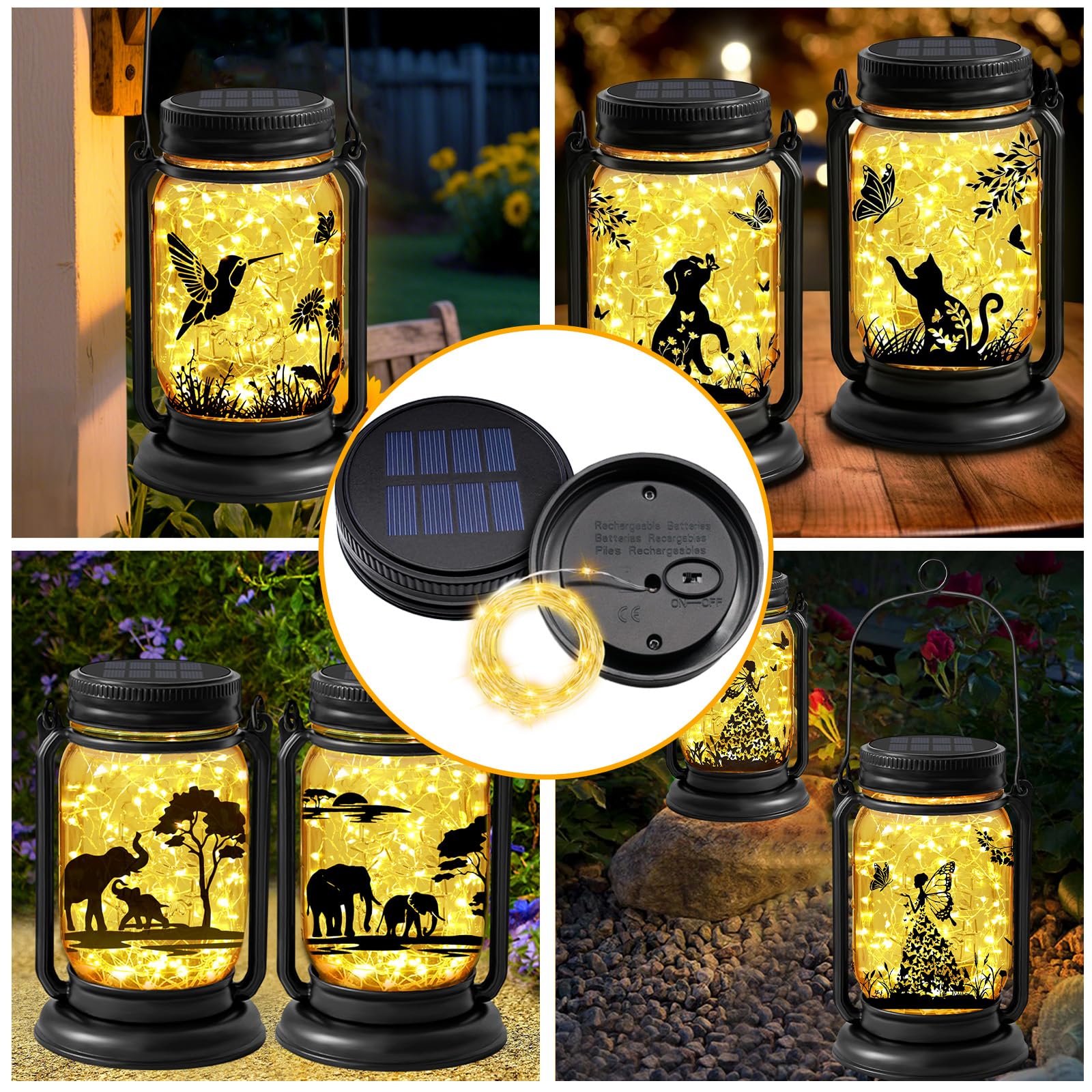 YJFWAL 6 Pack Solar Light Replacement Tops - Black Plastic Parts for Mason Jar Lanterns, Waterproof Outdoor Fairy Lights