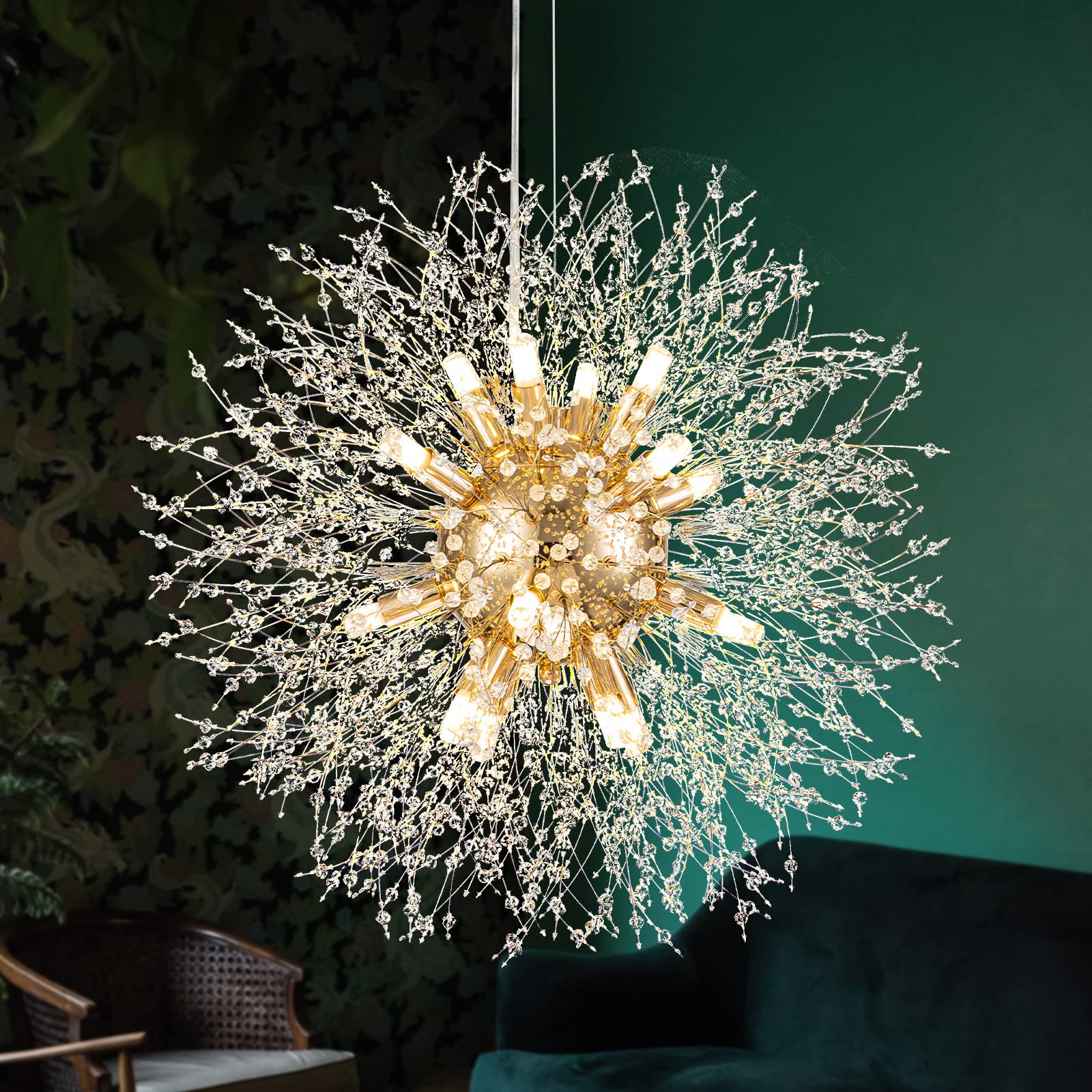 Sinerise Modern Crystal Chandeliers Firework, Crystal Light Fixture, Dandelion Chandelier (16-Light, Gold) For Foyer Hallway Ent
