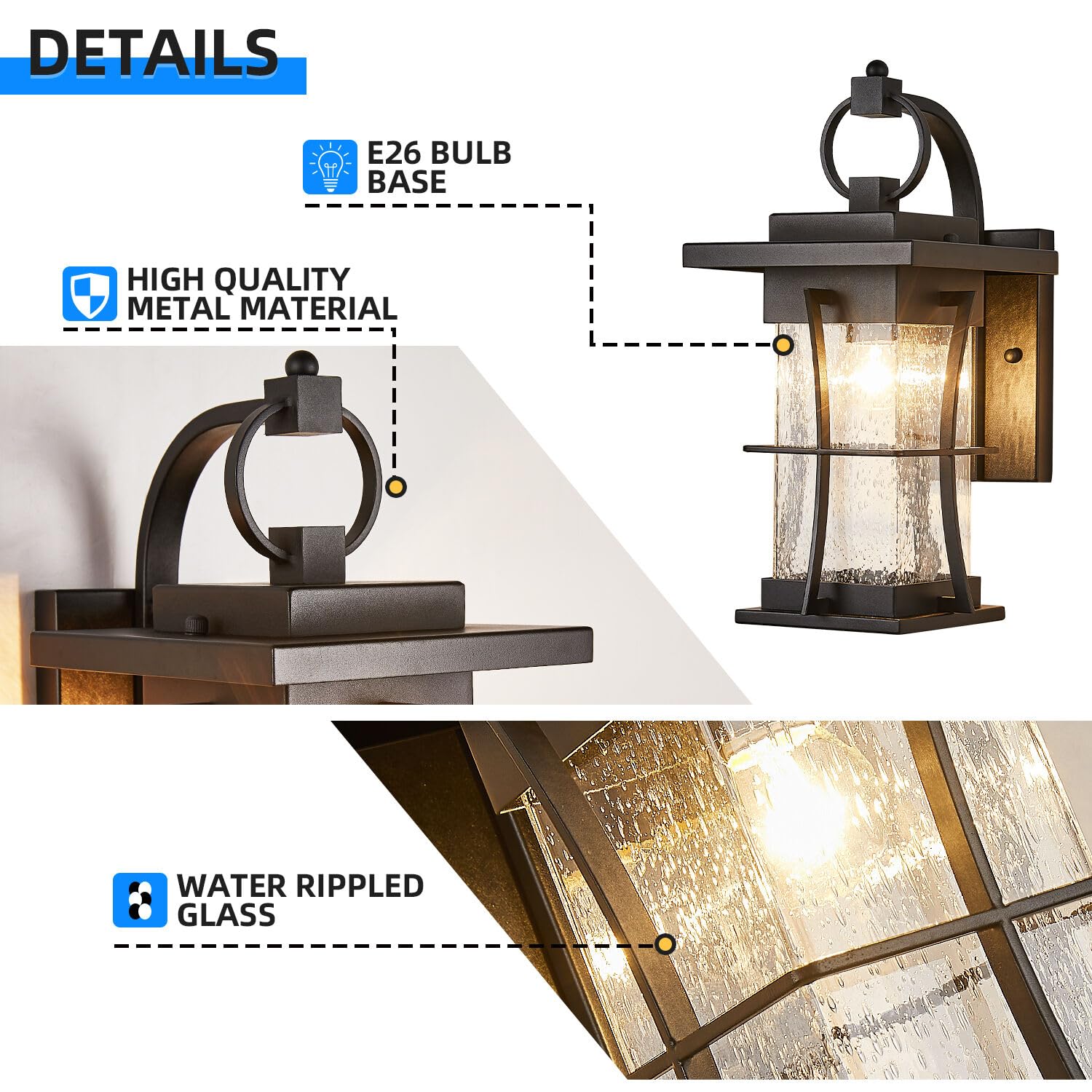 EERU Outdoor Wall Sconces - Waterproof Black Metal Lanterns with Clear Seeded Glass, Large Size for Porch & Patio
