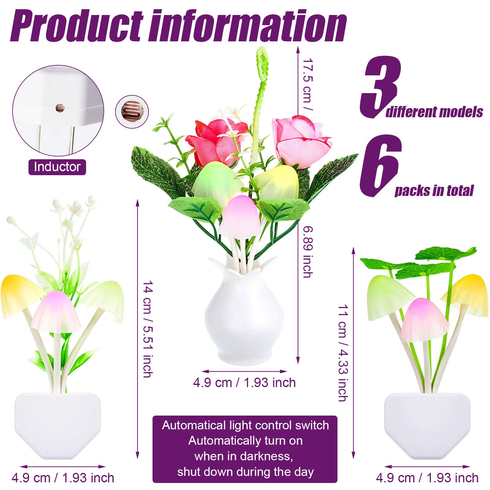 6 Pieces Mushroom Night Lights 7 Color Changing Plug-In Light Sensor Wall Lamp, Led Night Lights Sensor Wall Lamp For Adult Than